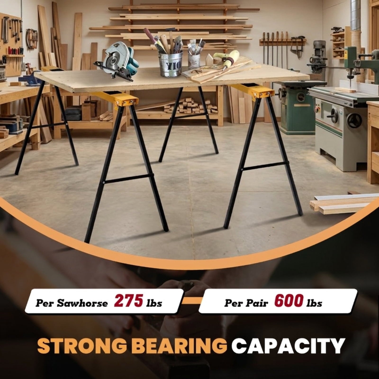 Biotree 2 Pack Heavy Duty Sawhorse with Steel Folding Legs for Garage Workshop Home DIY Projects, Black