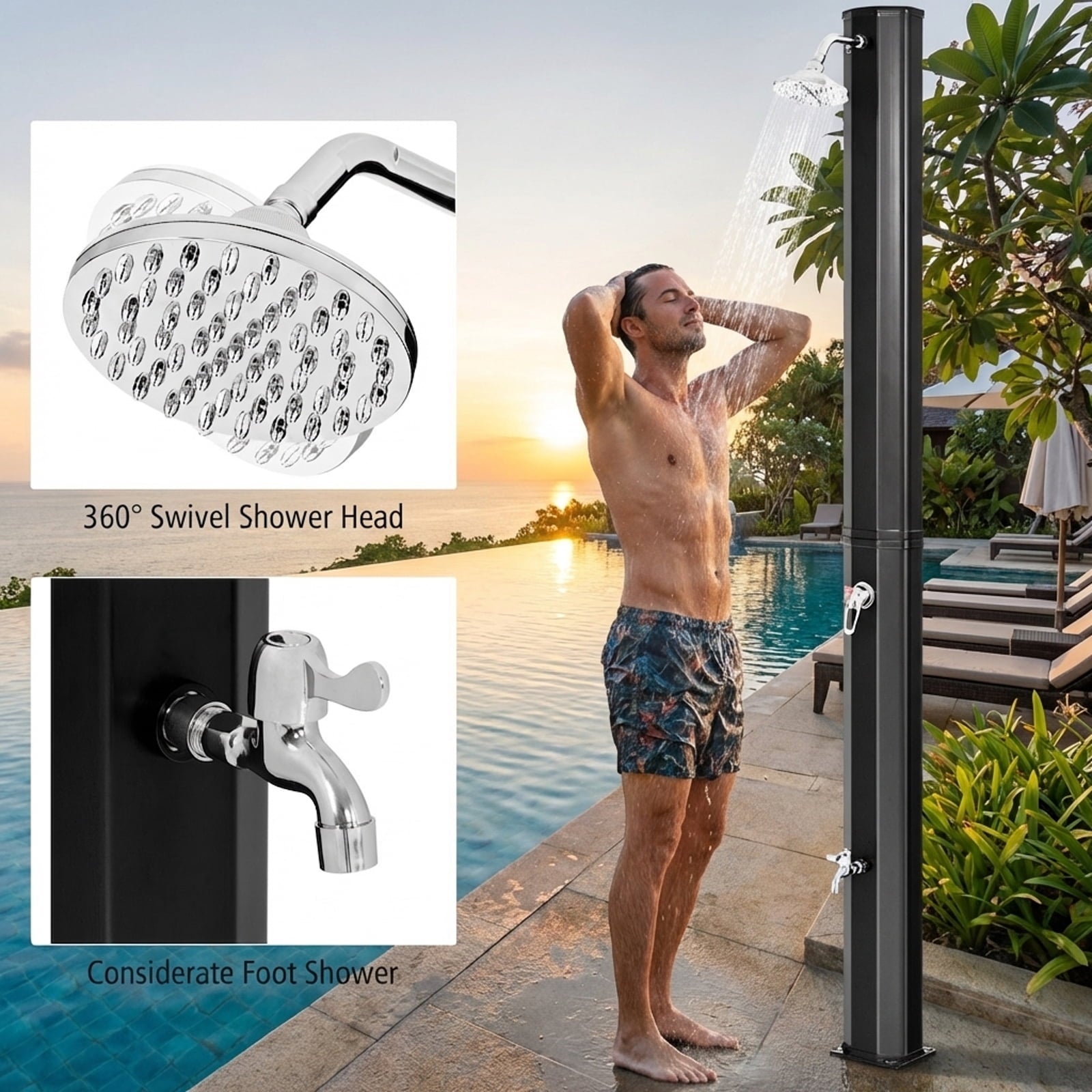 Biotree 7.2 Feet Adjustable Outdoor Solar Heating Shower Head Portable Camping Solar Shower for Pool Beach Campsite, Black