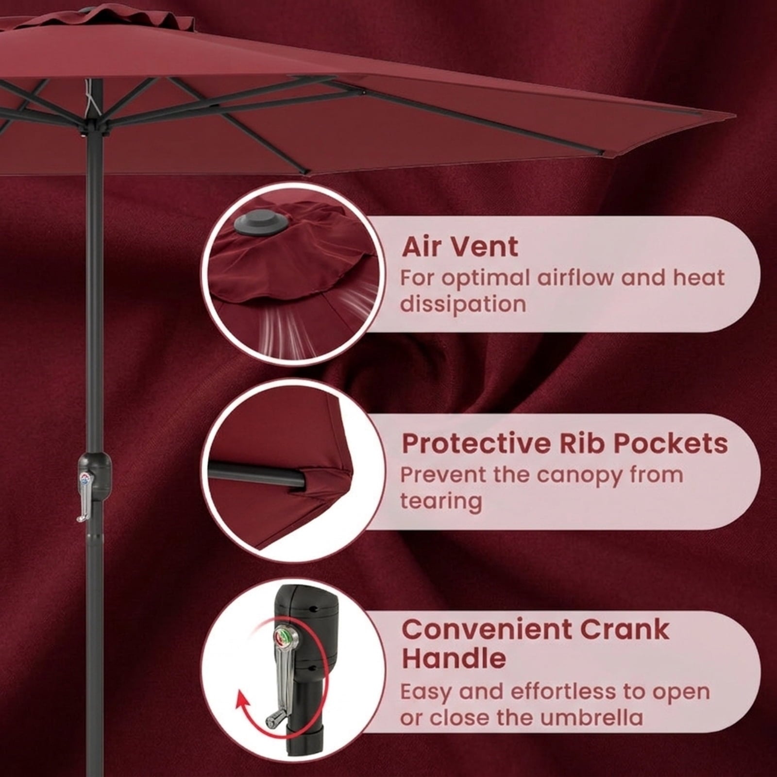 Biotree 12 ft Market Patio Umbrella with Crank and Tilt, 8 Sturdy Ribs, Vented Canopy - Red for Backyard