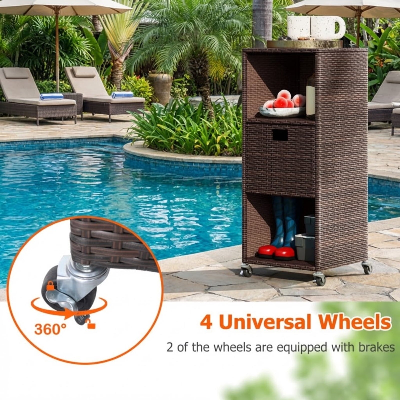 Biotree Outdoor Storage Cabinet with Drawer and 3 Shelves, PE Rattan Tall Deck Cabinet Patio Garden Console for Backyard Porch Deck Poolside, Mix Brown
