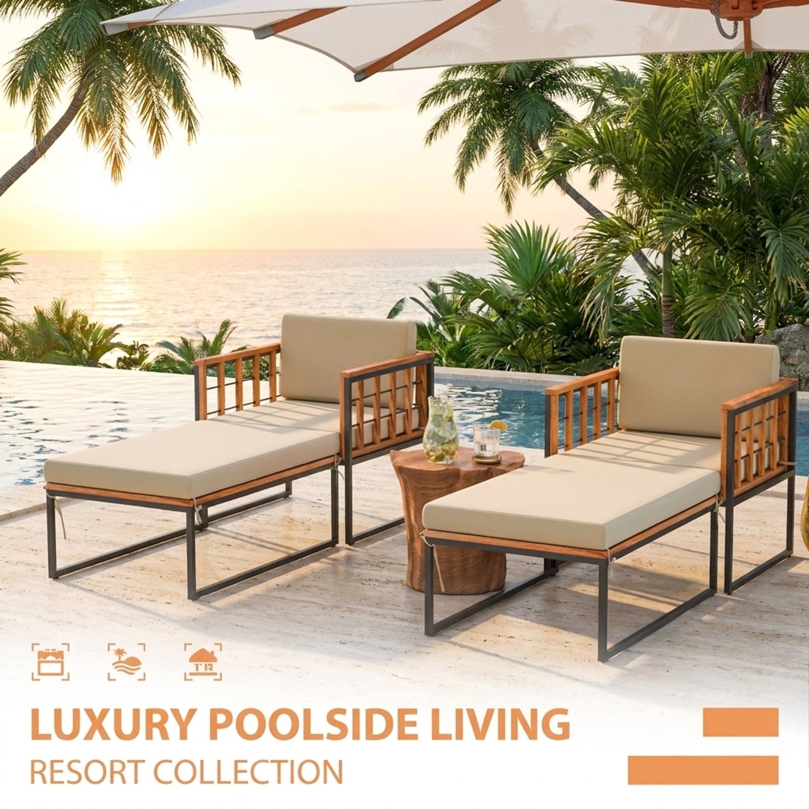 Biotree Patio Acacia Wood Armchair with Long Ottoman and Seat Back Cushions Stackable Patio Chair for Garden BackyardBrown