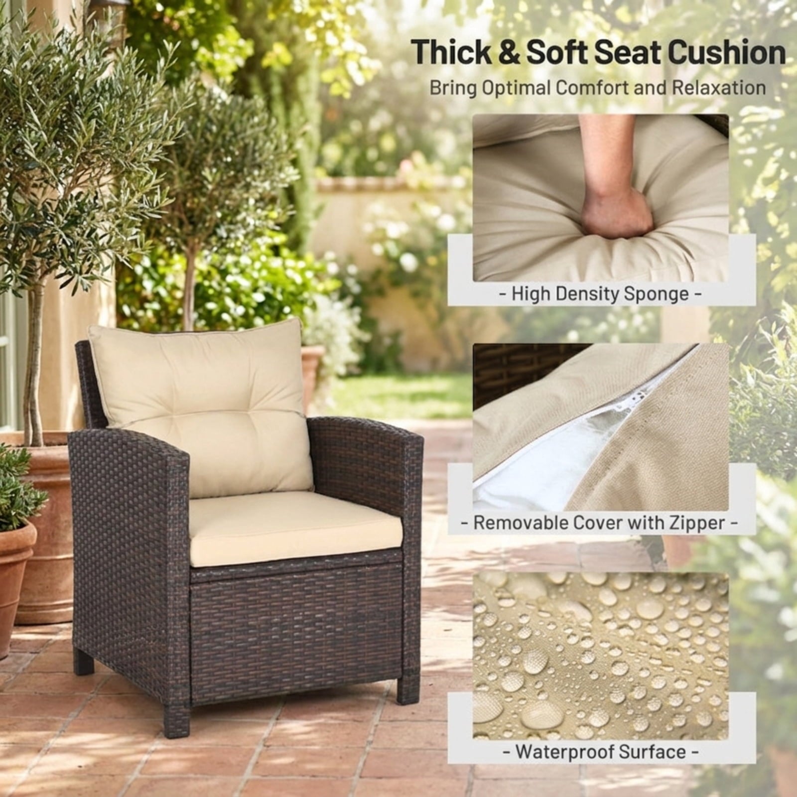 Biotree 3 Pcs Patio Rattan Furniture Set Cushioned Conversation Set Coffee Table Outdoor Conversation Set for Garden Backyard PorchBeige