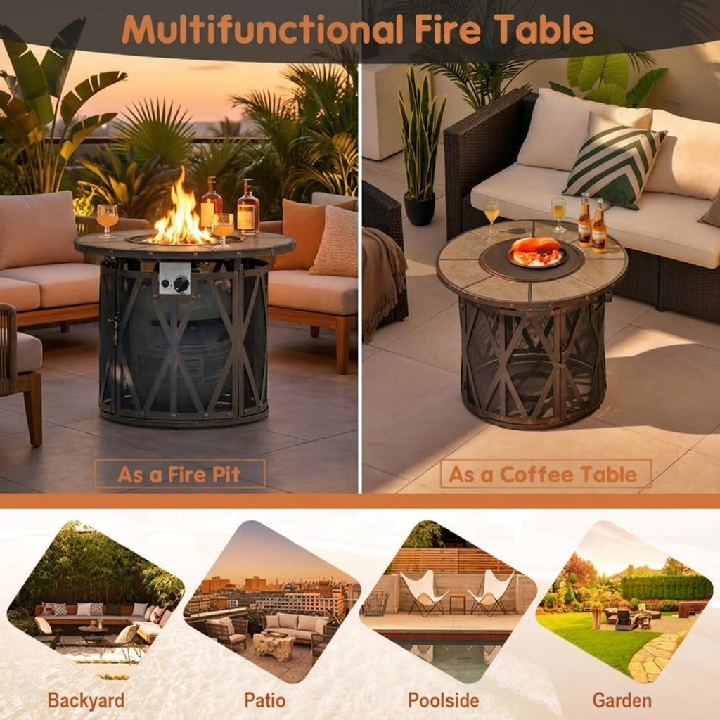 Biotree 32 Inch 30000BTU Fire Pit Table with Fire Glasses and PVC Cover for Outdoor Patio Backyard Garden Camping, Black Gray