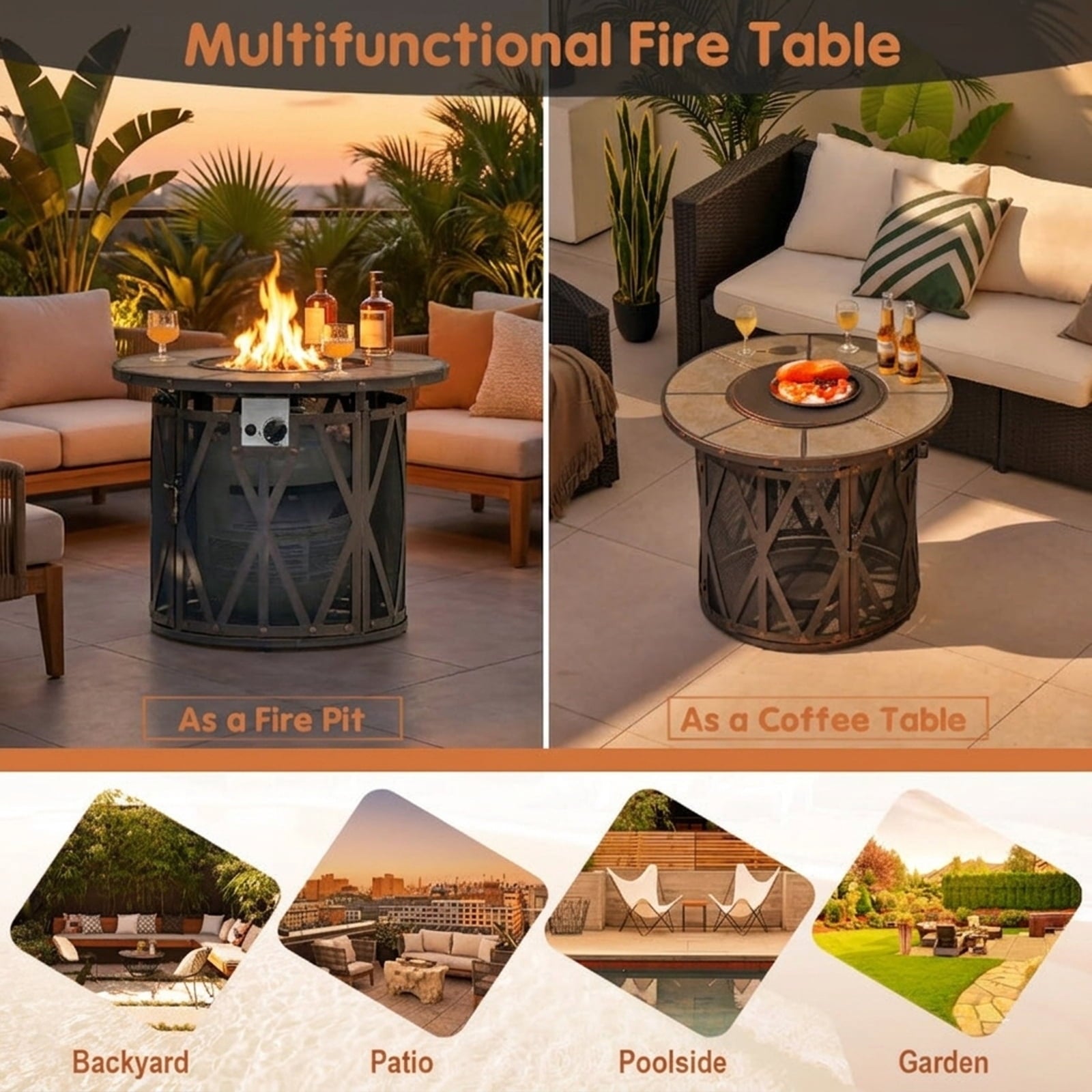 Biotree 32 Inch 30000BTU Fire Pit Table with Fire Glasses and PVC Cover for Outdoor Patio Backyard Garden Camping, Black Gray
