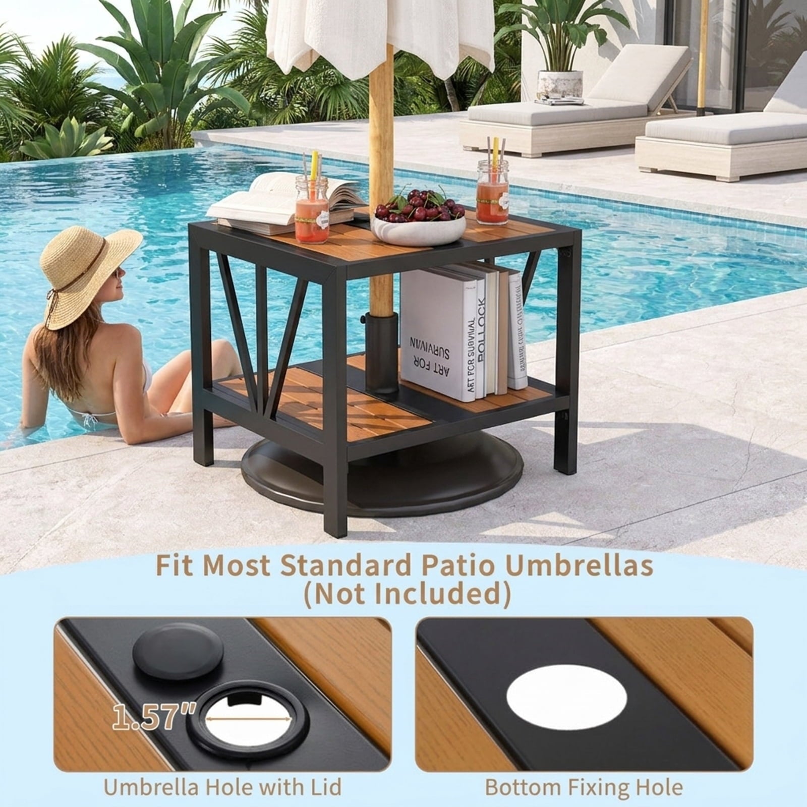 Biotree Outdoor Side Table with Umbrella Hole and Storage Shelf for Porch, Black