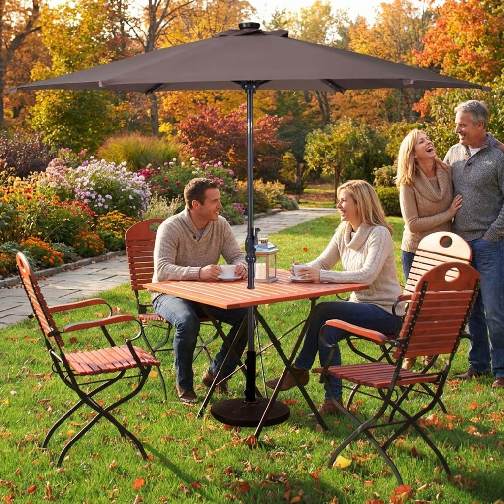 Biotree 9 ft Solar LED Market Patio Umbrella with Crank and Tilt, 6 Sturdy Ribs, Vented Canopy - Walnut
