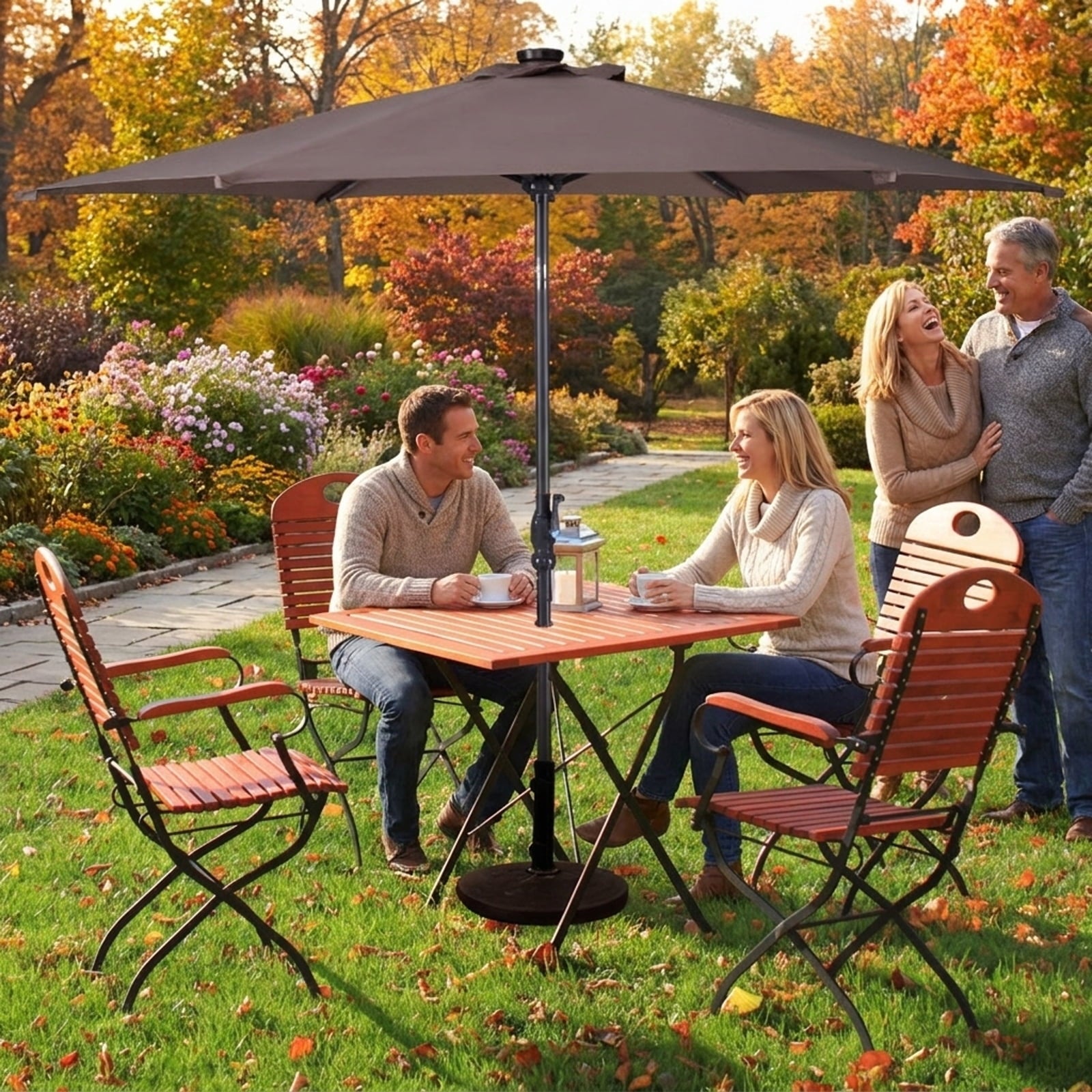 Biotree 9 ft Solar LED Market Patio Umbrella with Crank and Tilt, 6 Sturdy Ribs, Vented Canopy - Walnut
