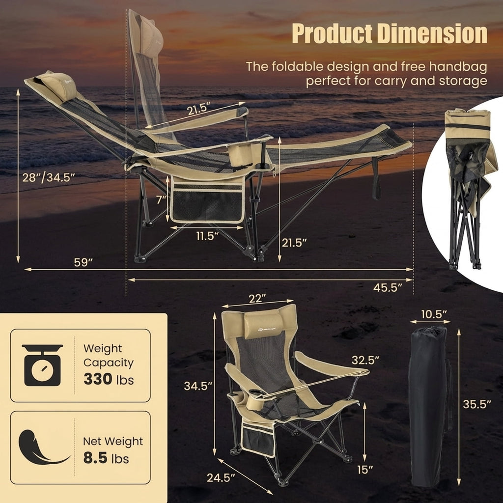Biotree Camping Lounge Chair with Detachable Footrest Adjustable Backrest, Green