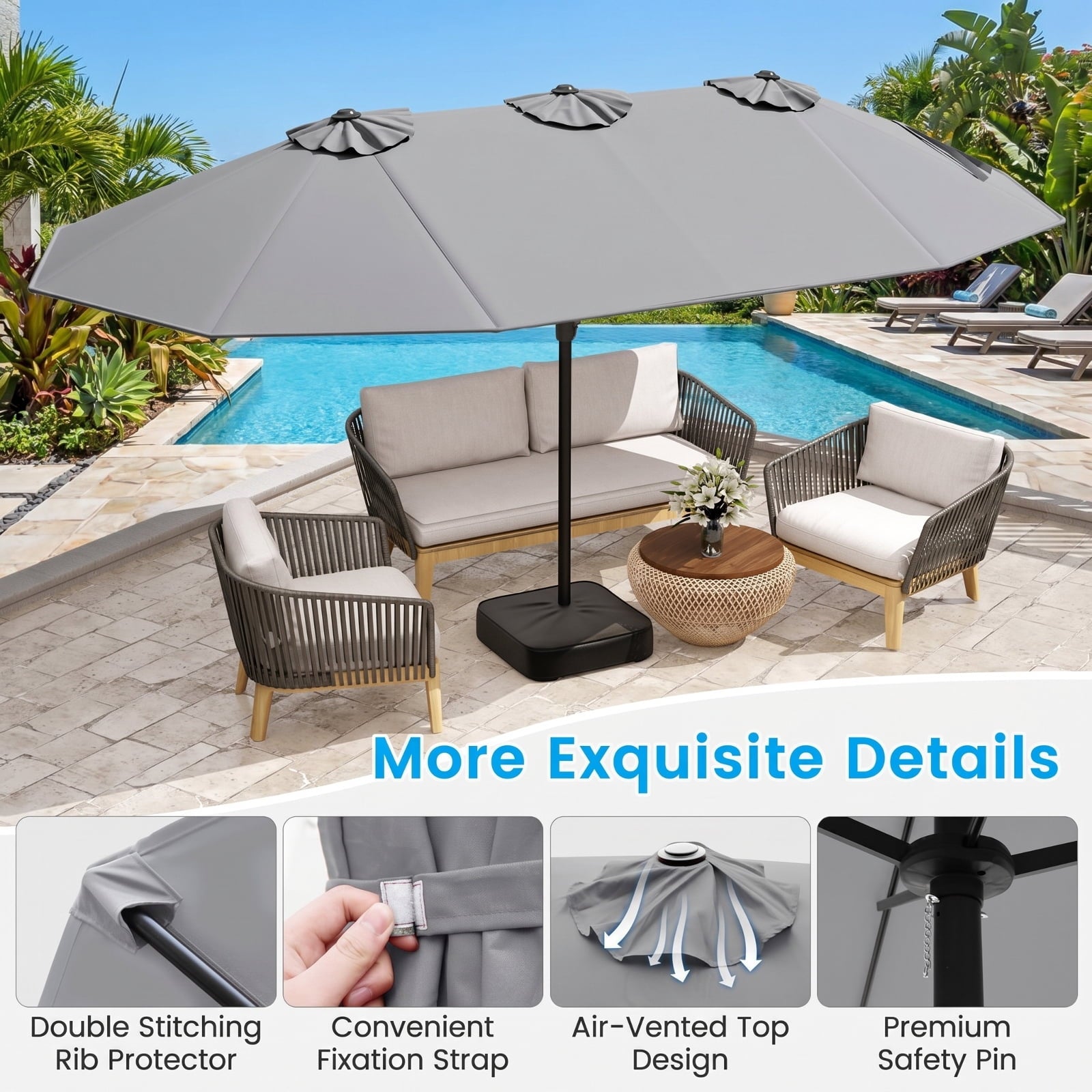 Biotree 15 ft Double-Sided Twin Patio Umbrella Crank Tilt Outdoor Shade - Gray - UV Protection with Cross Base