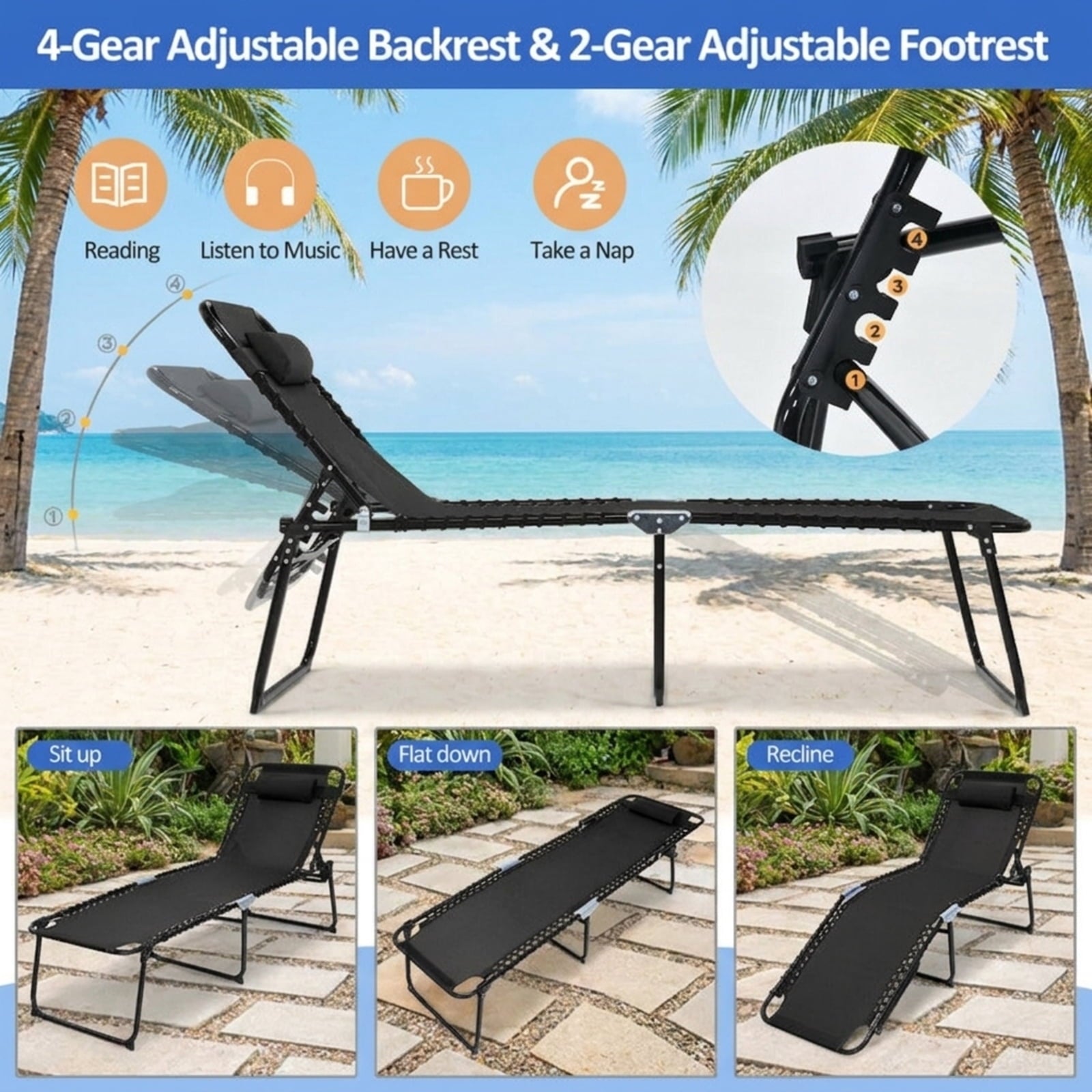 Biotree Foldable Recline Lounge Chair with Adjustable Backrest and Footrest Stackable Patio Chair for Garden BackyardBlack