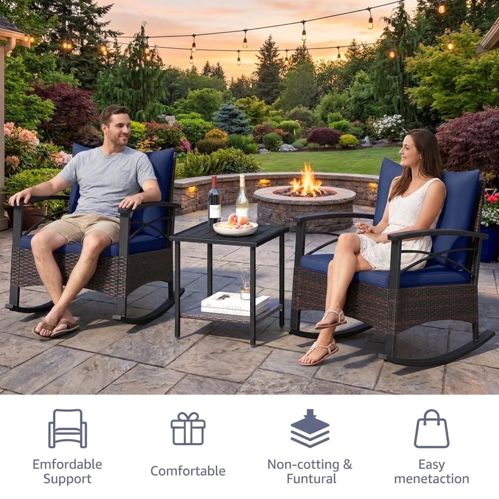 Biotree 3 Piece Rocking Bistro Set PE Rattan Rocker Chairs with Acacia Wood Top Table Outdoor Conversation Set for Garden Backyard PorchNavy