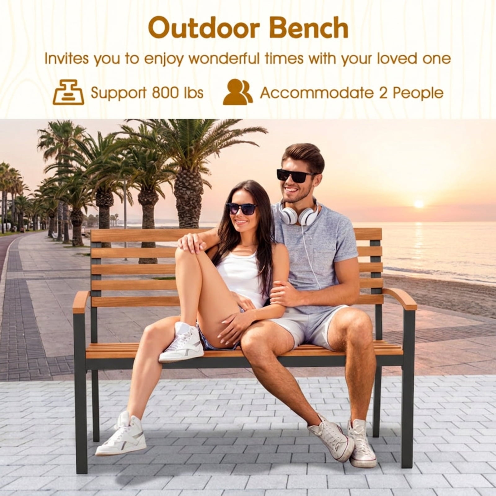 Biotree Outdoor Bench Acacia Wood Patio Loveseat with Backrest Armrests Stackable Patio Chair for Garden BackyardBlack + Natural
