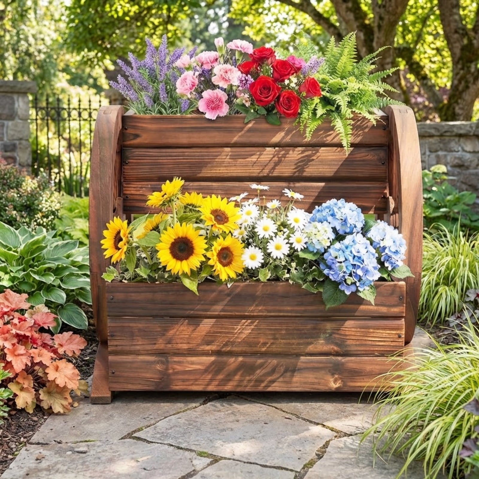 Biotree 2-Tier Raised Garden Bed Rustic Wood Wagon Shape with Drainage Holes and Wheels-Coffee Brown