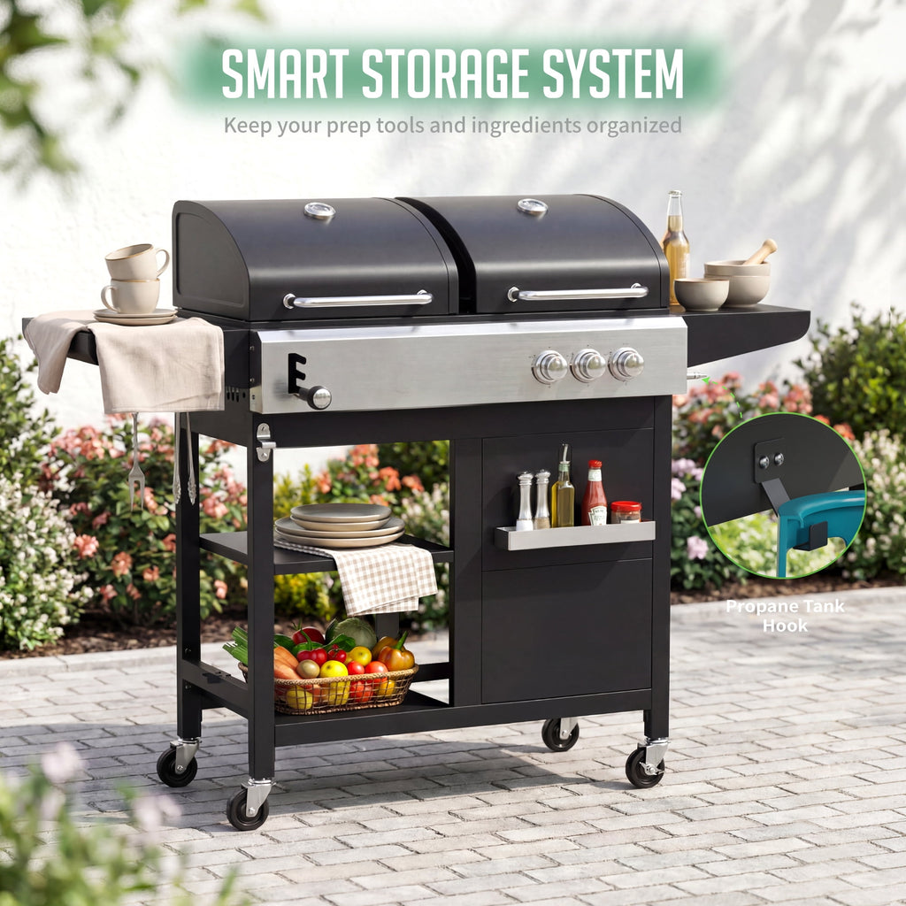 Biotree 3-Burner Gas and Charcoal Grill Combo, Dual Fuel 54,000 BTU BBQ Propane Grill with Side Burner for Backyard BBQ, Outdoor Cooking & Camping