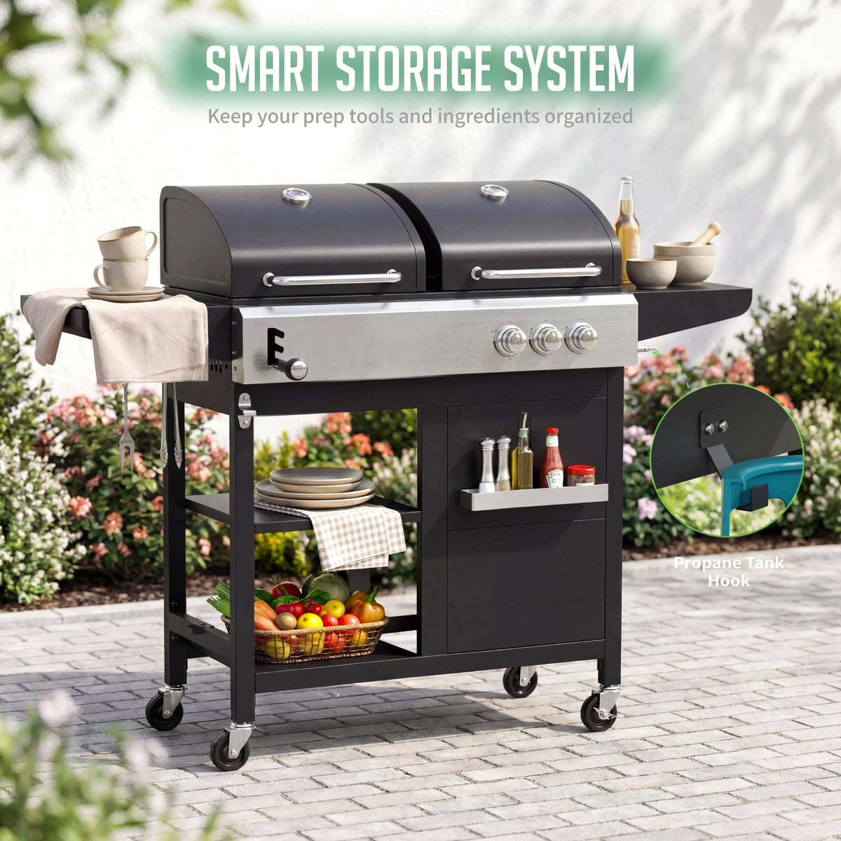 Biotree 3-Burner Gas and Charcoal Grill Combo, Dual Fuel 54,000 BTU BBQ Propane Grill with Side Burner for Backyard BBQ, Outdoor Cooking & Camping
