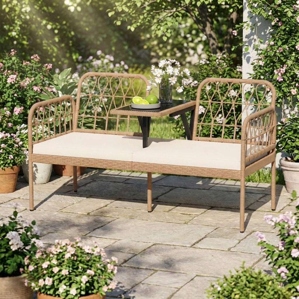 Biotree 2-Seat PE Rattan Outdoor Loveseat with Built-in Coffee Table and Soft Cushions Stackable Patio Chair for Garden BackyardWhite