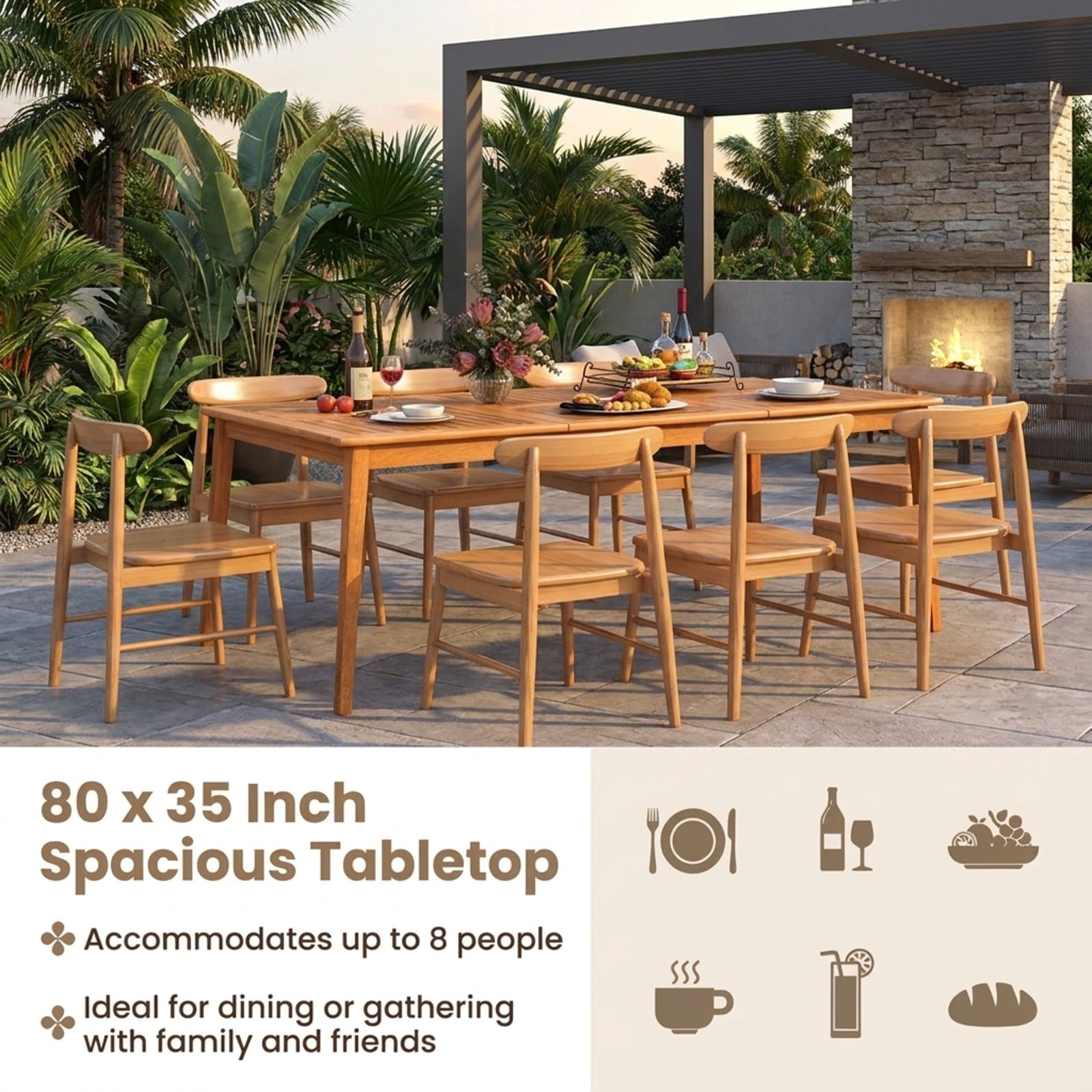 Biotree 79-Inch 8-Person Outdoor Acacia Wood Dining Rectangular Bistro Table with Umbrella Hole, Natural