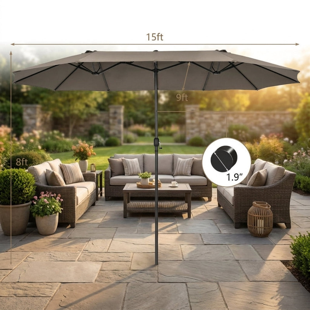 Biotree 15 ft Double-Sided Twin Patio Umbrella Crank Tilt Outdoor Shade - Brown - UV Protection with Cross Base