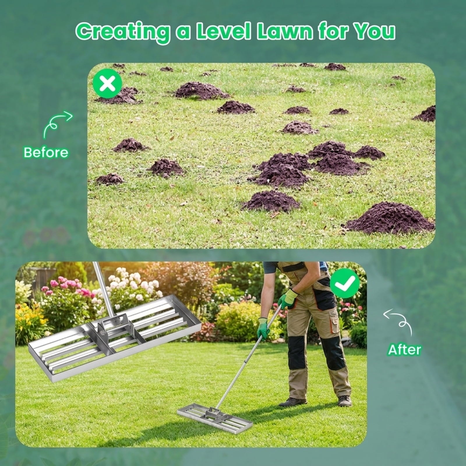 Biotree 30 x 10 Inch Lawn Leveling Rake with Ergonomic Handle for Lawn Garden Yard Soil Care, Silver