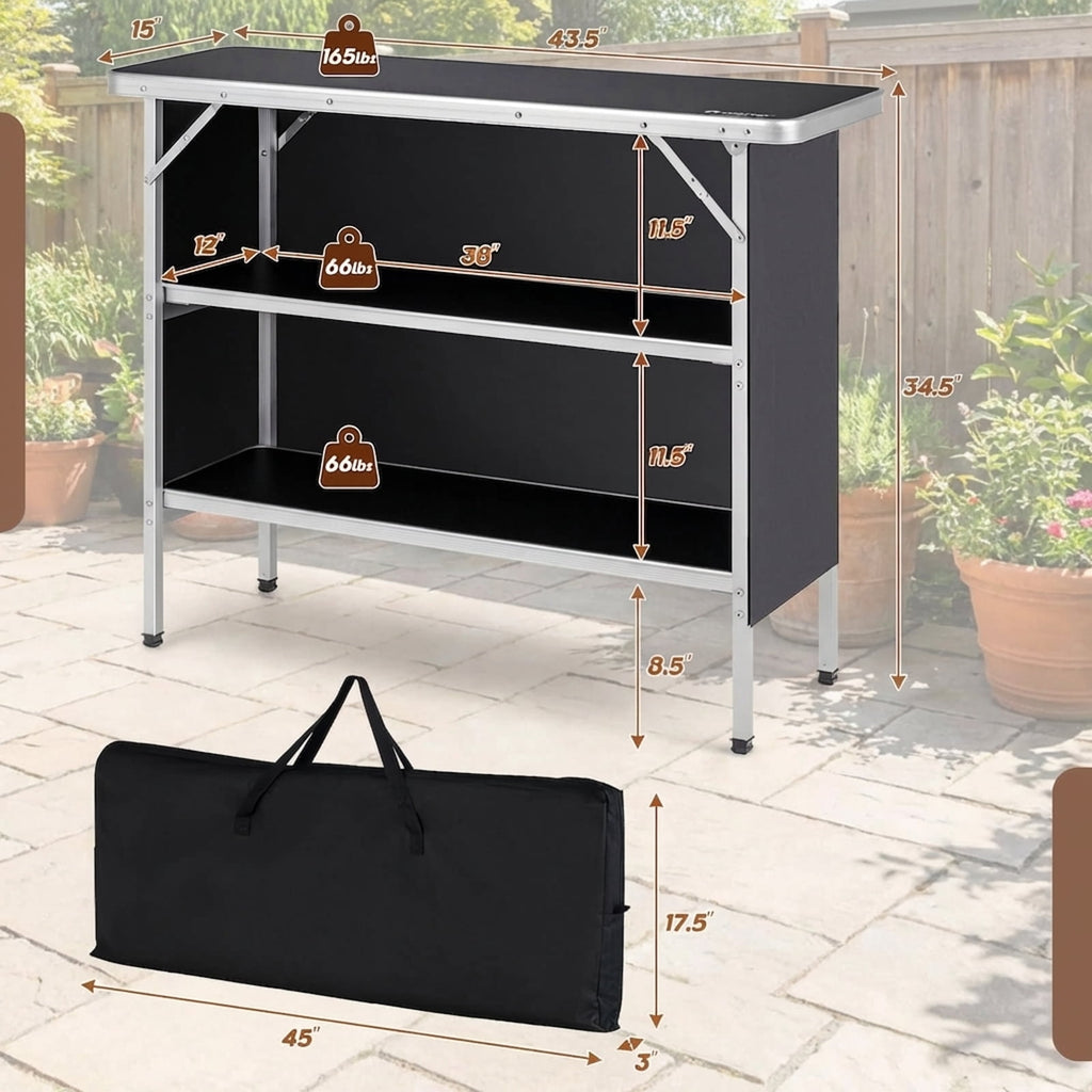 Biotree Folding Camping Table with 2-Tier Storage Shelves for Outdoor BBQ and Cooking, Black
