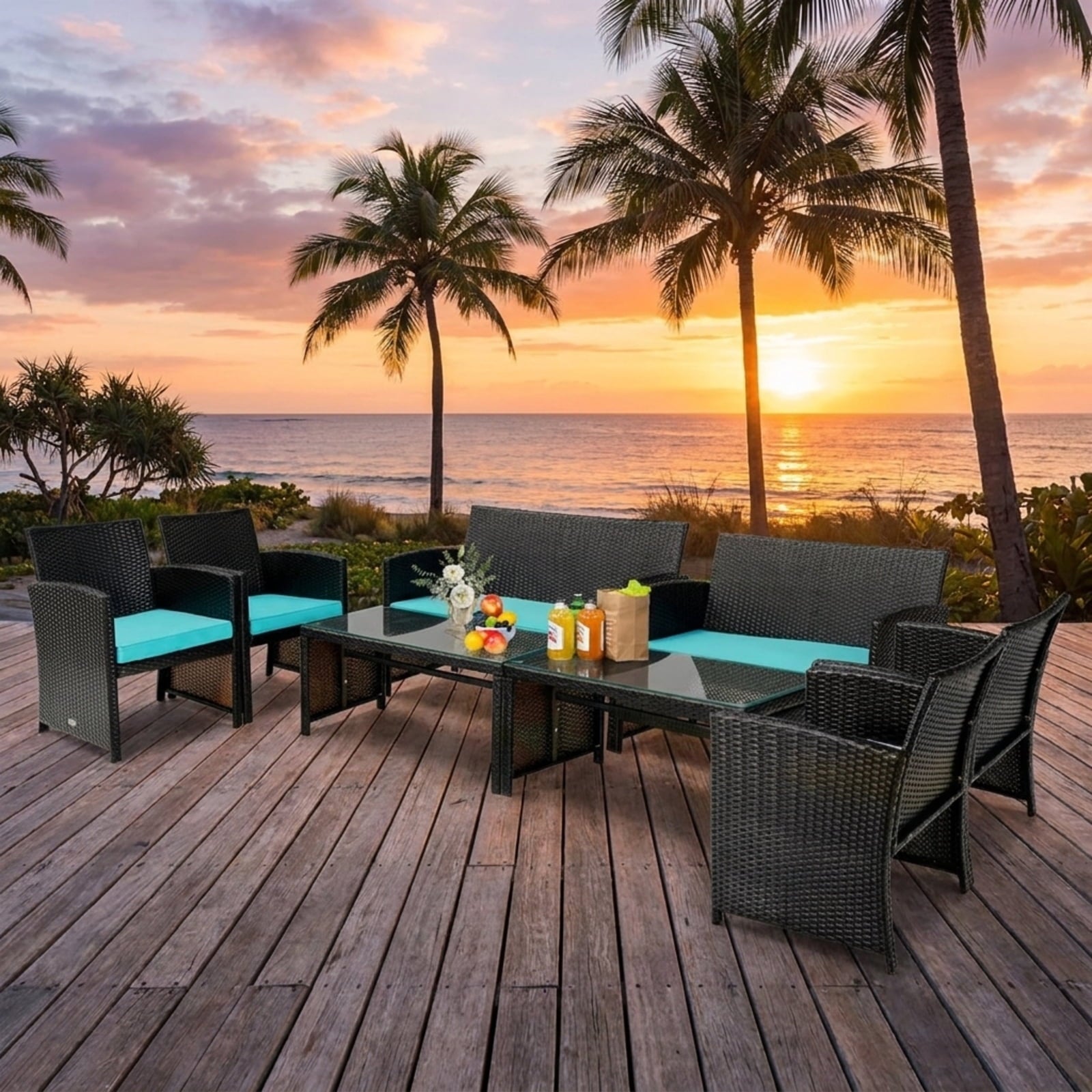 Biotree 4 Pieces Patio Rattan Furniture Set with Glass Table and Loveseat Outdoor Conversation Set for Garden Backyard PorchGray