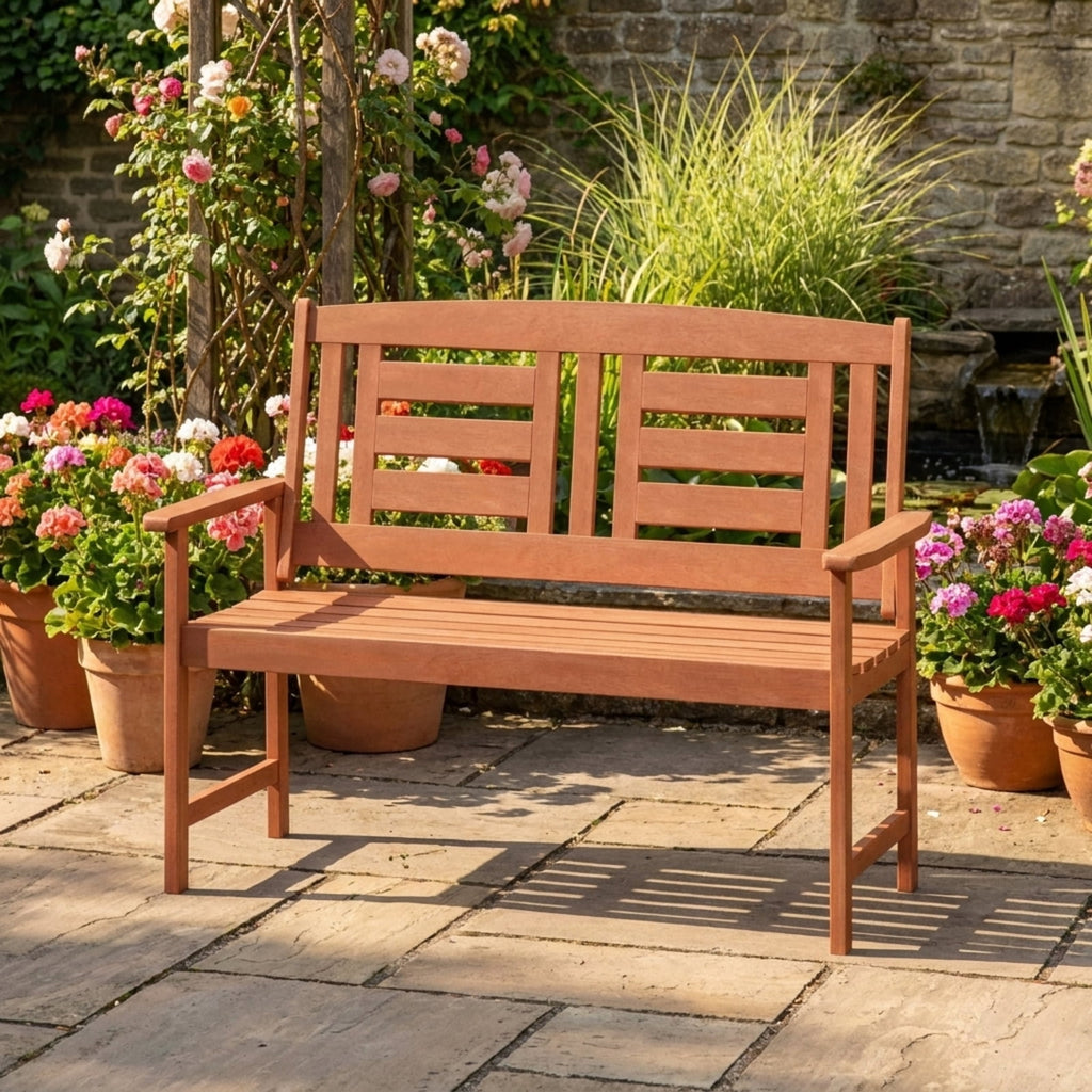 Biotree Outdoor Solid Wood Loveseat Hardwood 2-Seat Bench with Inclined Backrest and Slatted SeatTeak