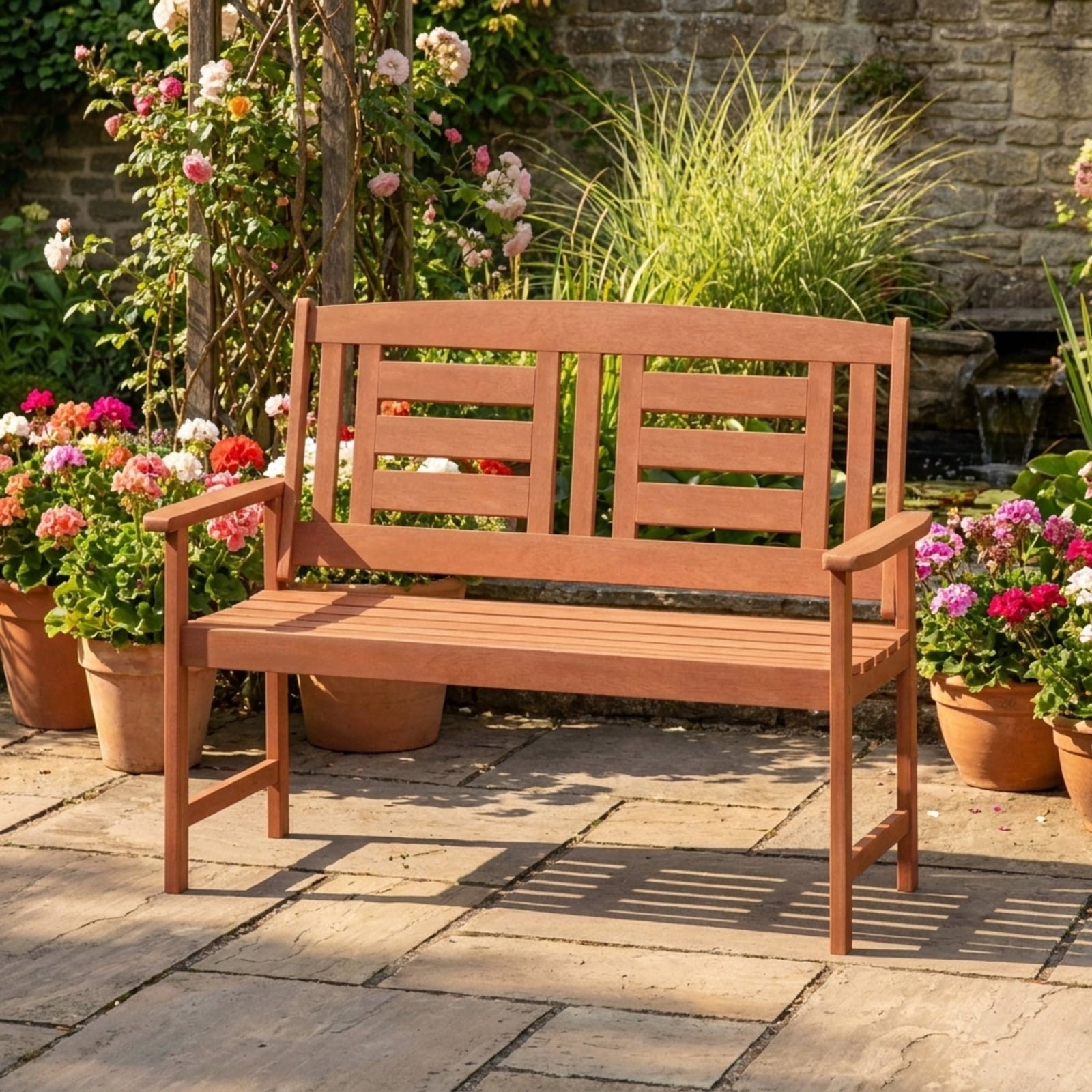 Biotree Outdoor Solid Wood Loveseat Hardwood 2-Seat Bench with Inclined Backrest and Slatted SeatTeak