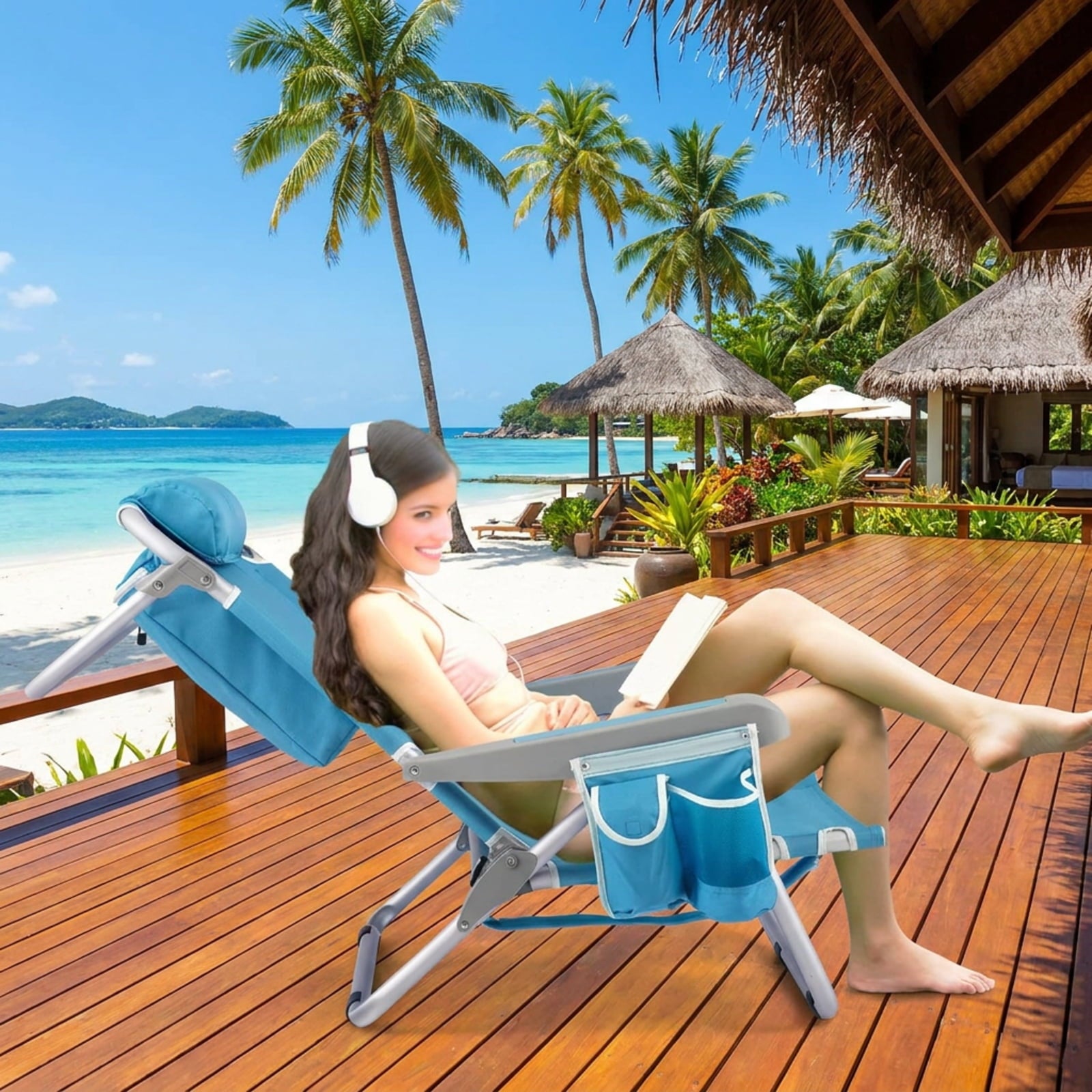 Biotree 1 Piece Foldable Backpack Beach Chair with Cup Holder and Storage Pockets for Outdoor Stackable Patio Chair for Garden BackyardBlue