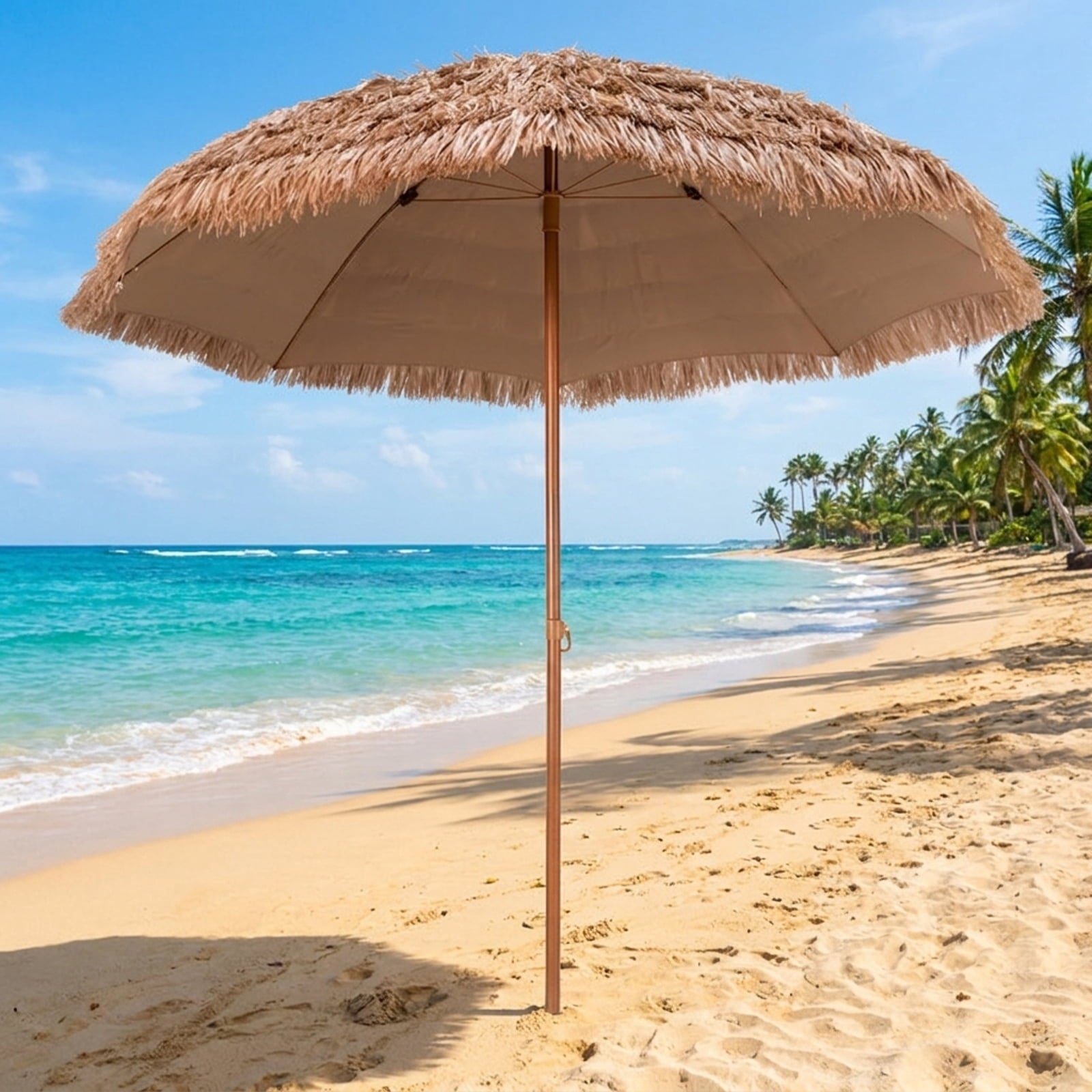 Biotree 8 ft Thatched Tiki Patio Umbrella Crank Tilt Outdoor Shade - Natural - UV Protection with Cross Base