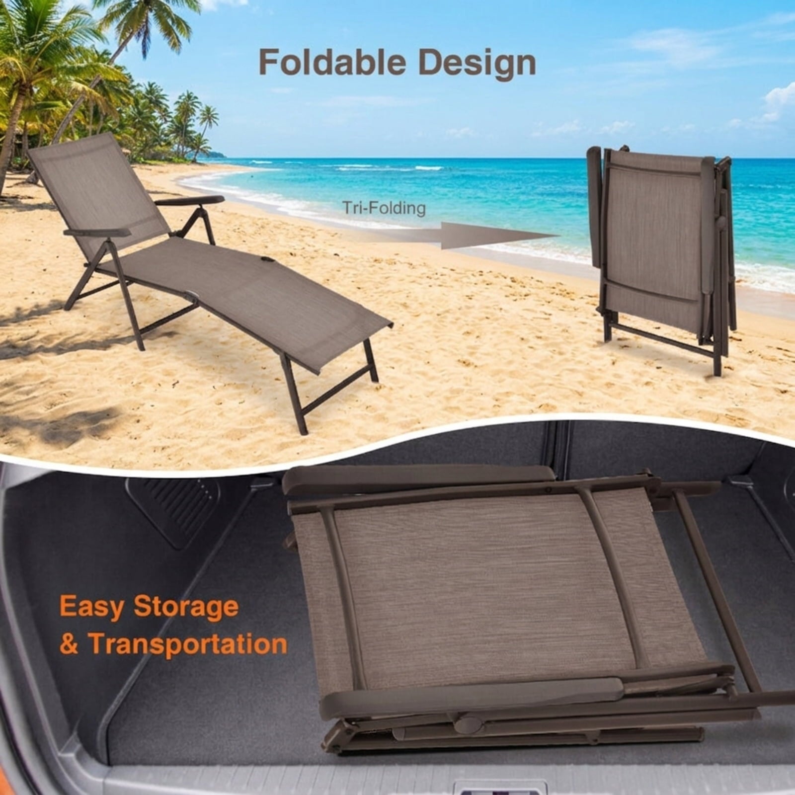 Biotree 2 Pieces Foldable Chaise Lounge Chair with 2-Position Footrest Stackable Patio Chair for Garden BackyardBrown