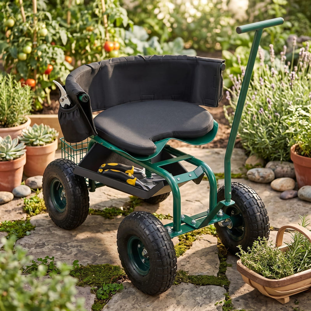 Biotree 330lbs Rolling Garden Cart with 360¡ã Height Adjustable Swivel Seat, Garden Scooter with Storage Basket, Tool Tray for Weeding Planting Gardening Green