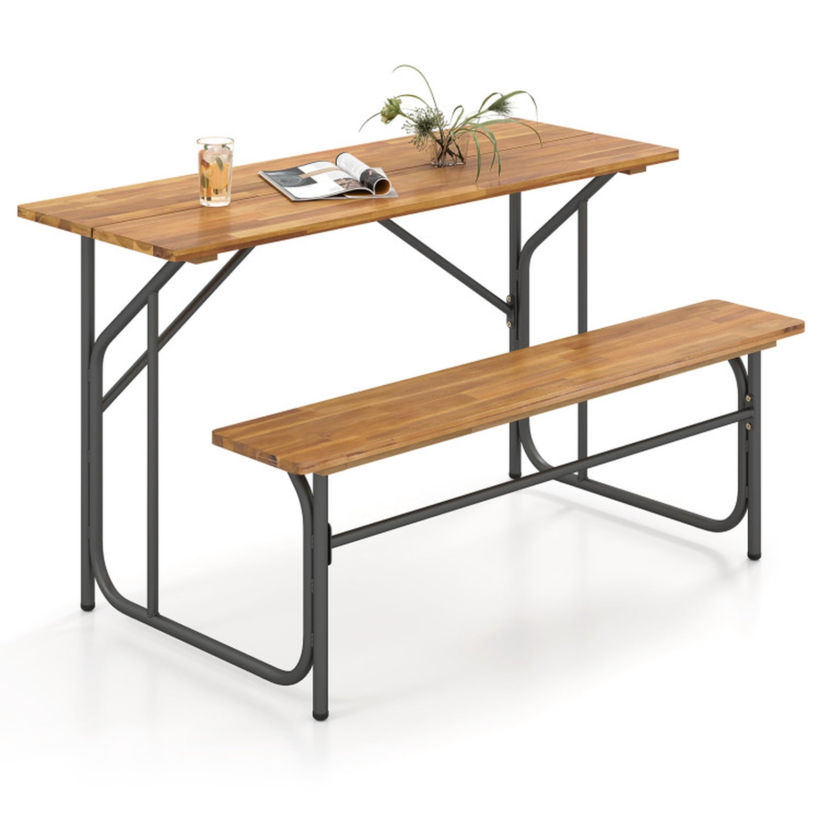 Biotree Acacia Wood Patio Table Bench for 2 People One-Side Picnic Table, Black