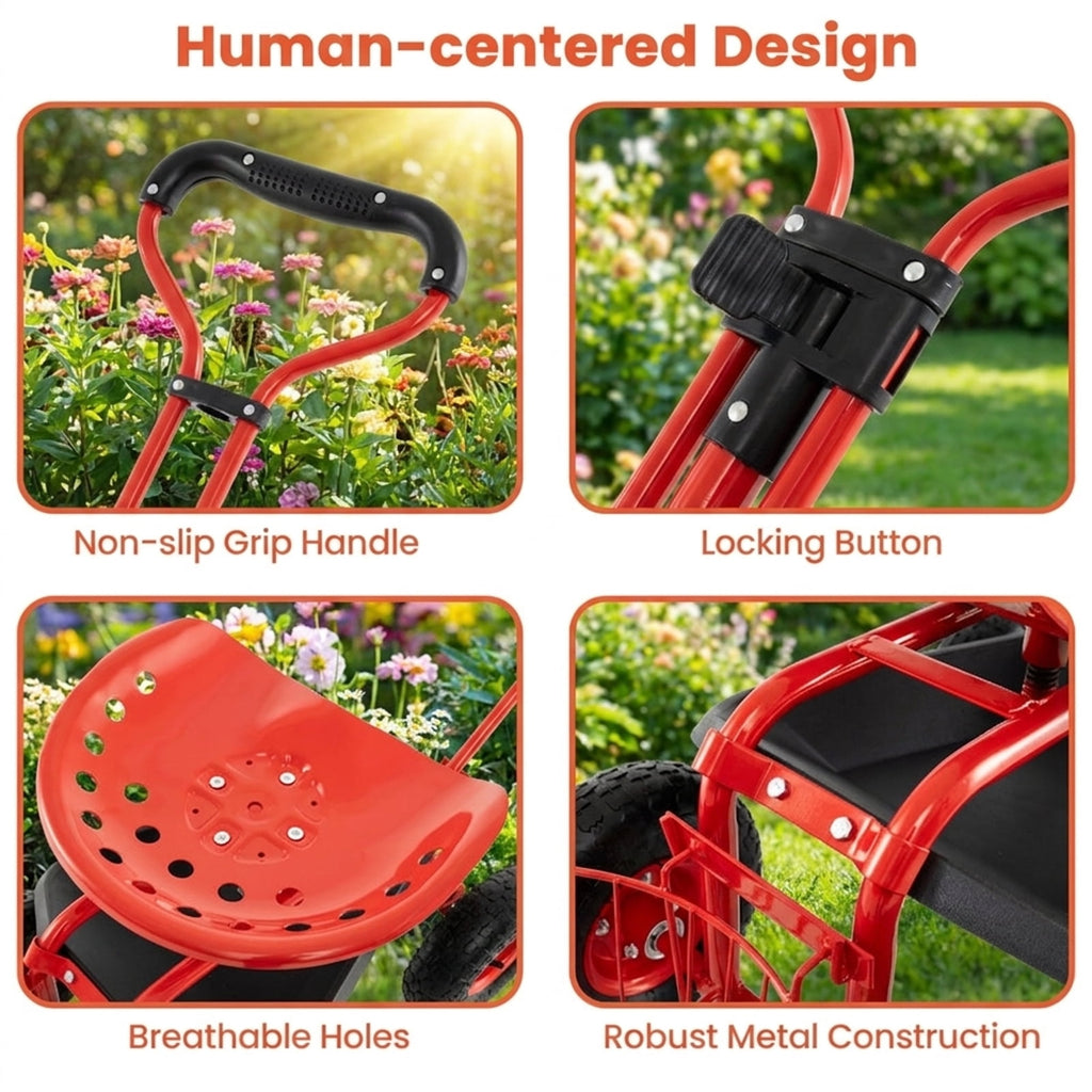 Biotree Heavy Duty Garden Cart with Tool Tray and 360 Swivel Seat for Garden Yard Lawn Work Outdoor, Red