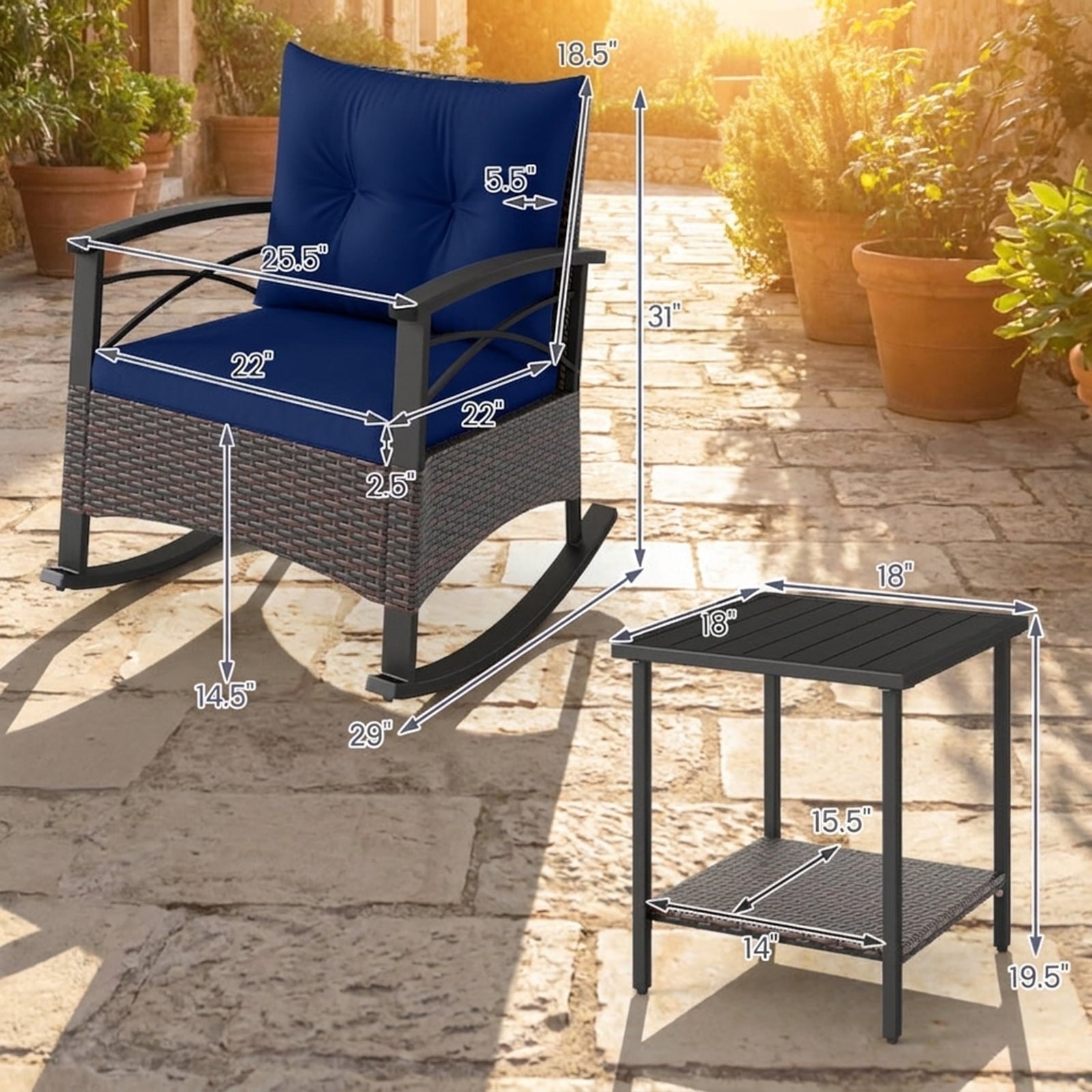 Biotree 3 Piece Rocking Bistro Set PE Rattan Rocker Chairs with Acacia Wood Top Table Outdoor Conversation Set for Garden Backyard PorchNavy
