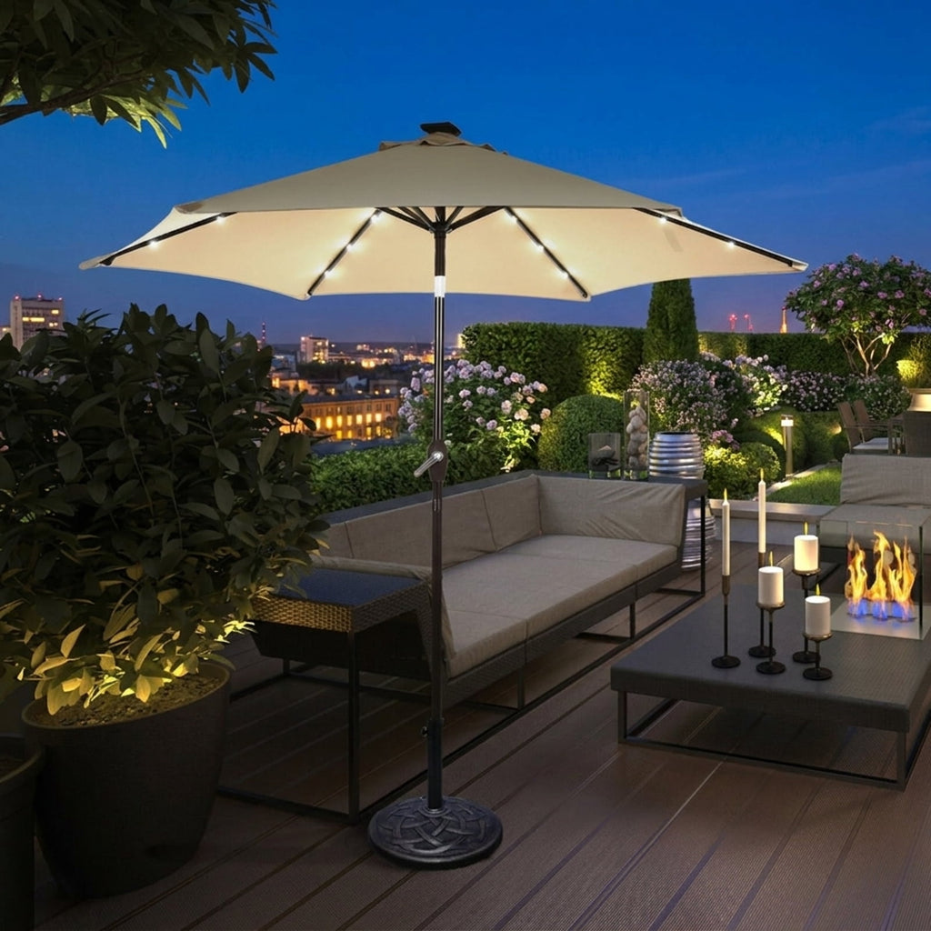 Biotree 9 ft Solar LED Market Patio Umbrella with Crank and Tilt, 6 Sturdy Ribs, Vented Canopy - Tan