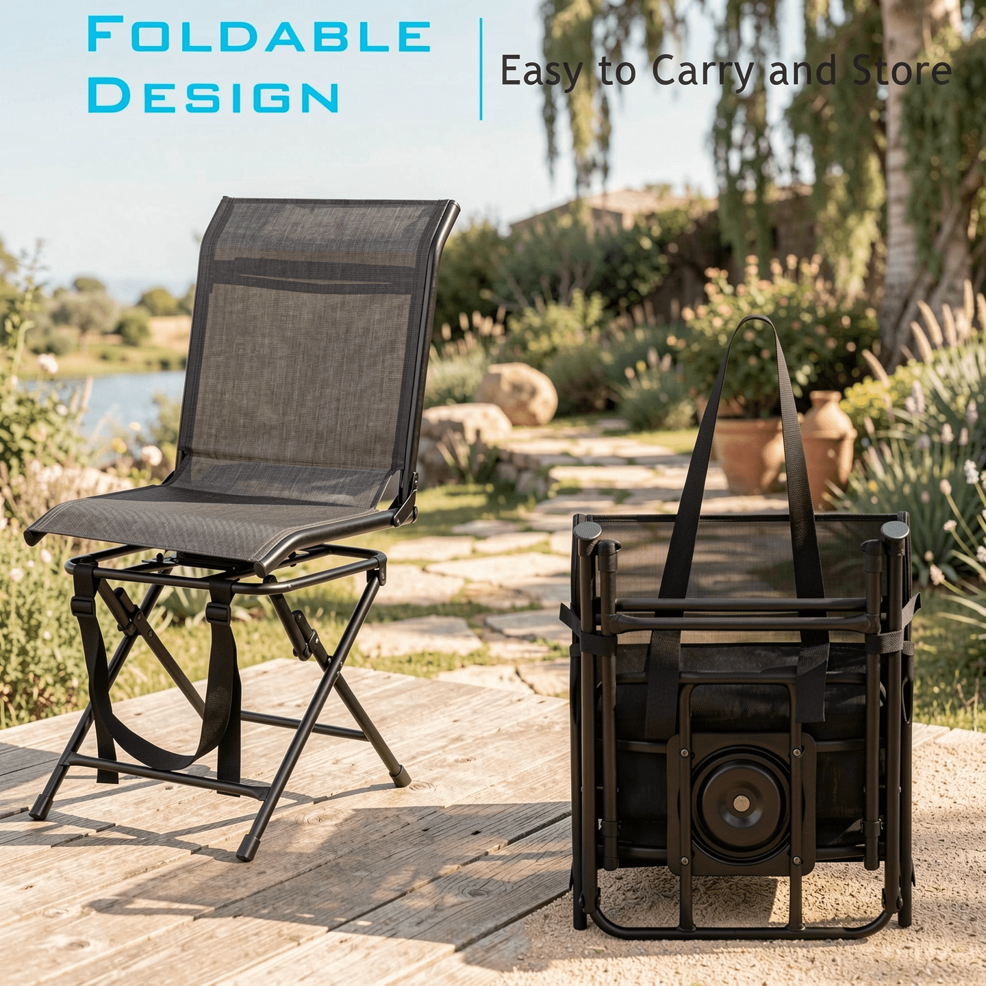 Biotree All weather Outdoor Foldable 360 Degree Swivel Chair with Iron Frame, Black