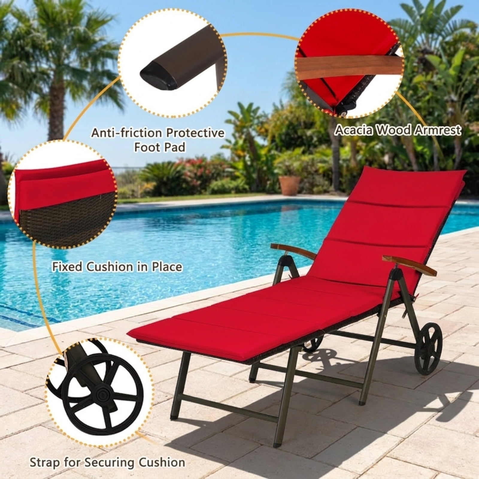 Biotree Outdoor Chaise Lounge Chair Rattan Lounger Recliner Chair Stackable Patio Chair for Garden BackyardRed