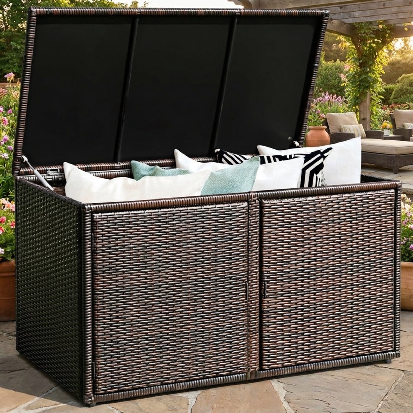 Biotree 88 Gallon Garden Patio Rattan Storage Container Box Outdoor Waterproof for Patio Deck Garden Cushions, Brown