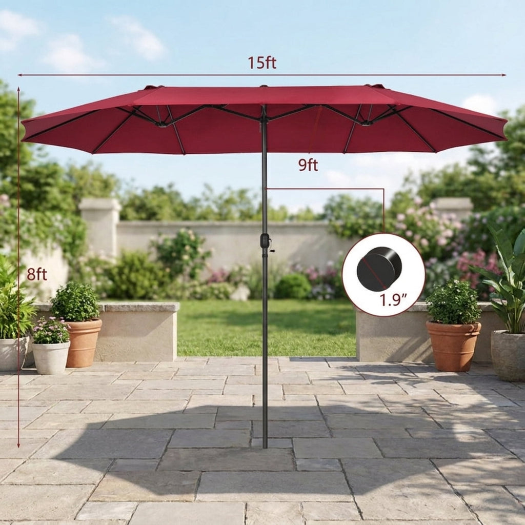 Biotree 15 ft Double-Sided Twin Patio Umbrella Crank Tilt Outdoor Shade - Red - UV Protection with Cross Base