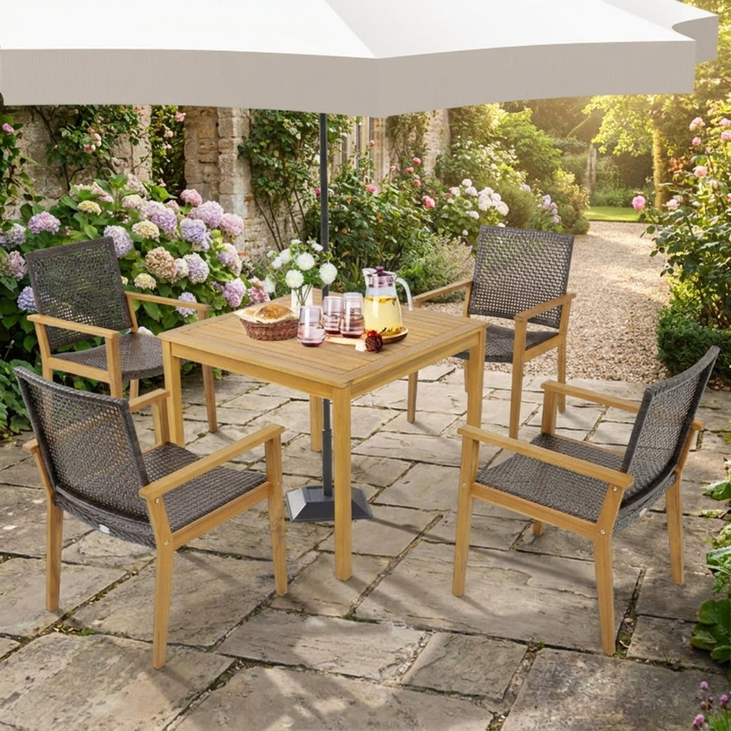Biotree Set of 4 Outdoor Rattan Chair with Sturdy Acacia Wood Frame-Set of 4 Stackable Patio Chair for Garden BackyardMix Brown
