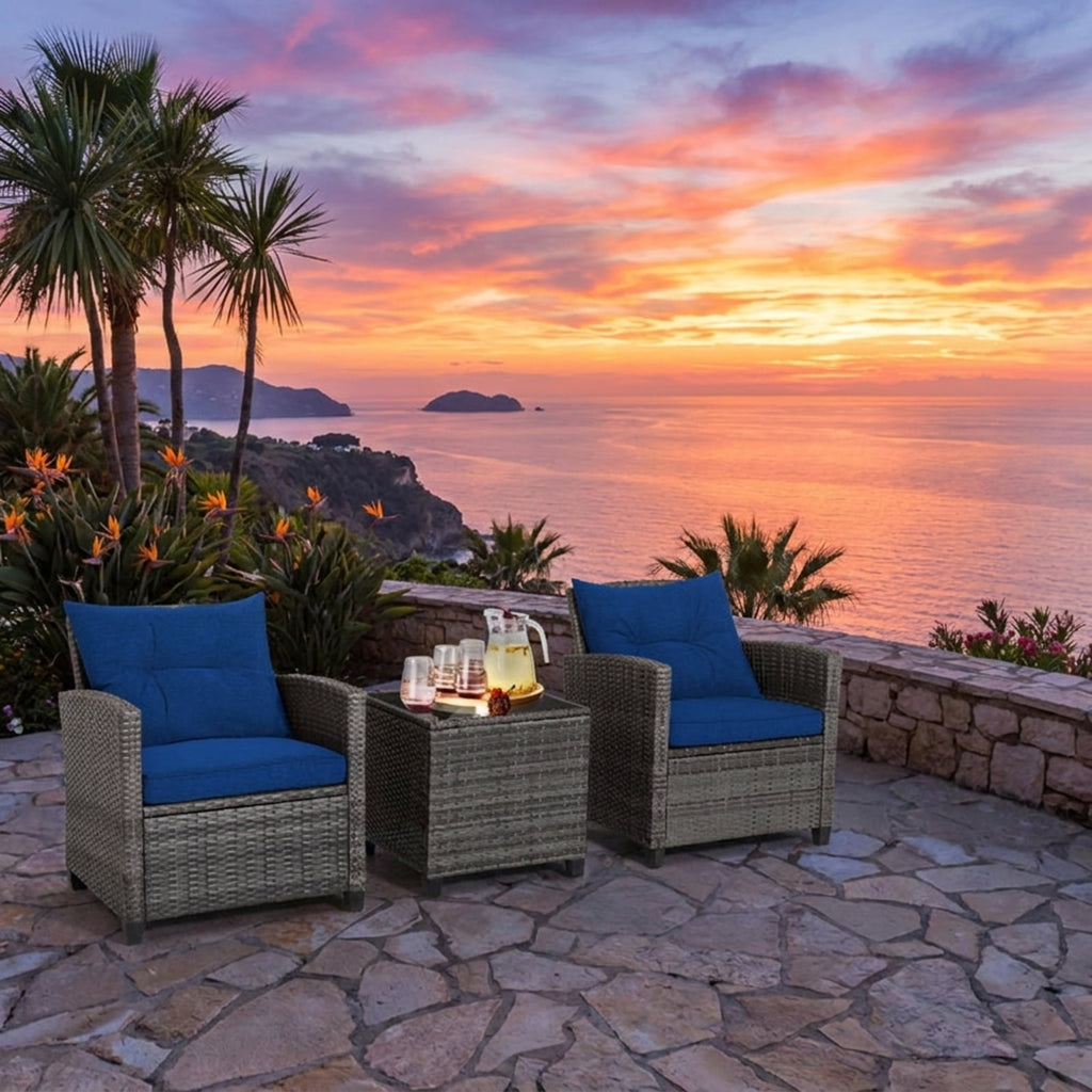 Biotree 3 Pieces Outdoor Wicker Conversation Set with Tempered Glass Tabletop Outdoor Conversation Set for Garden Backyard PorchNavy