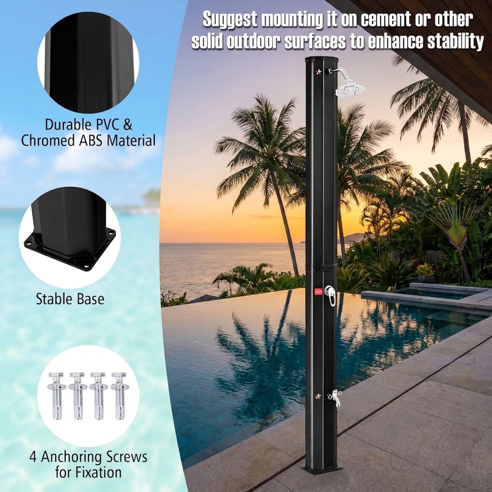 Biotree 7.2 Feet Adjustable Outdoor Solar Heating Shower Head Portable Camping Solar Shower for Pool Beach Campsite, Black