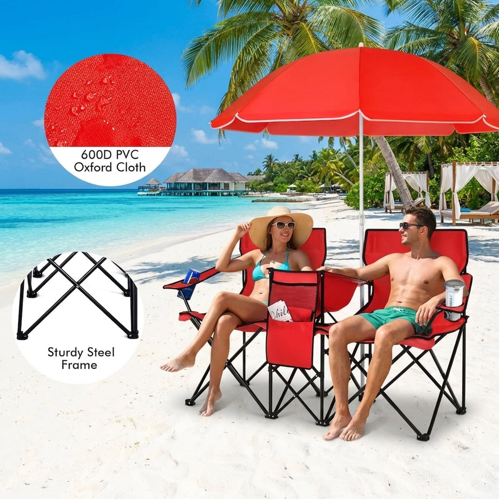 Biotree Double Camping Chair with Removable Umbrella Portable Folding Loveseat with Cooler Bag and Cup Holders for Beach Picnic, Red