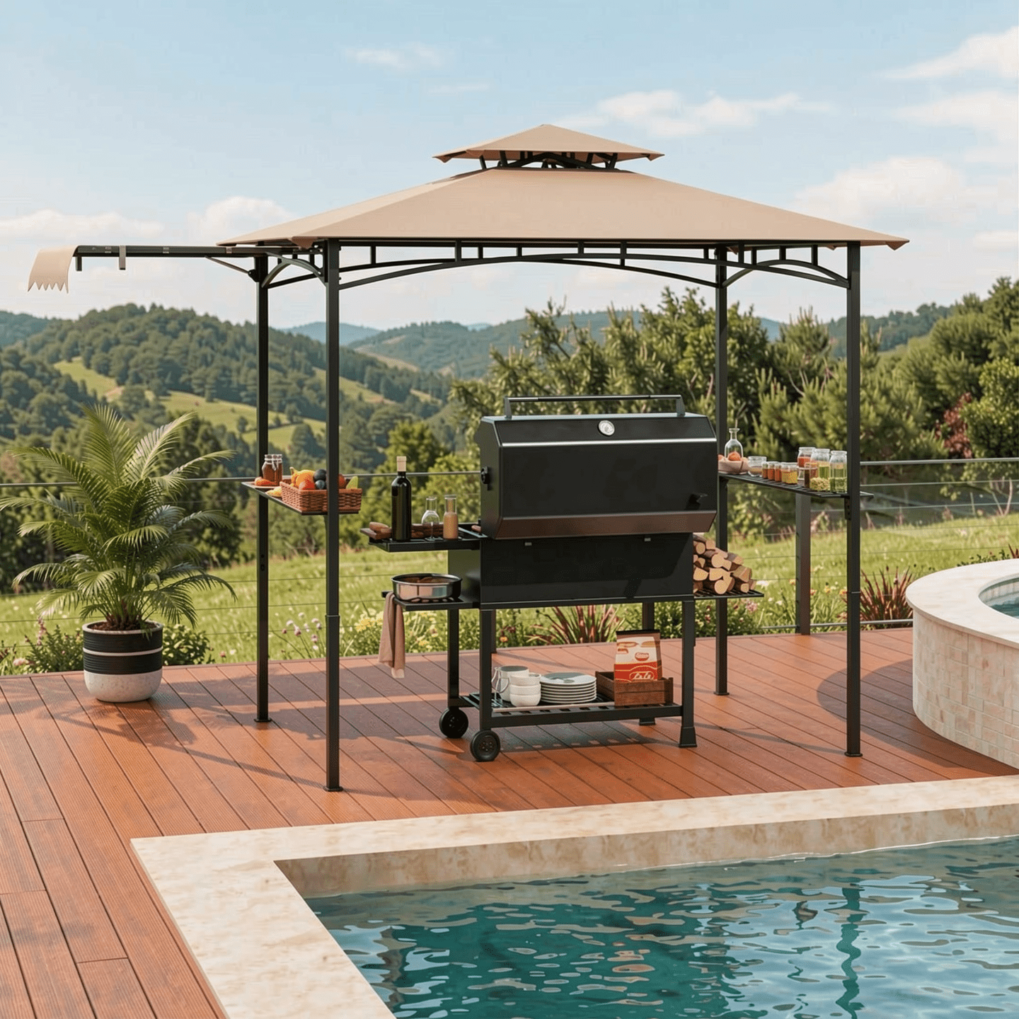 Biotree 11 x 5 FT Grill Gazebo with Side Awning and Double-Tiered Top Beige - Outdoor Patio Backyard Garden Shade Canopy Shelter