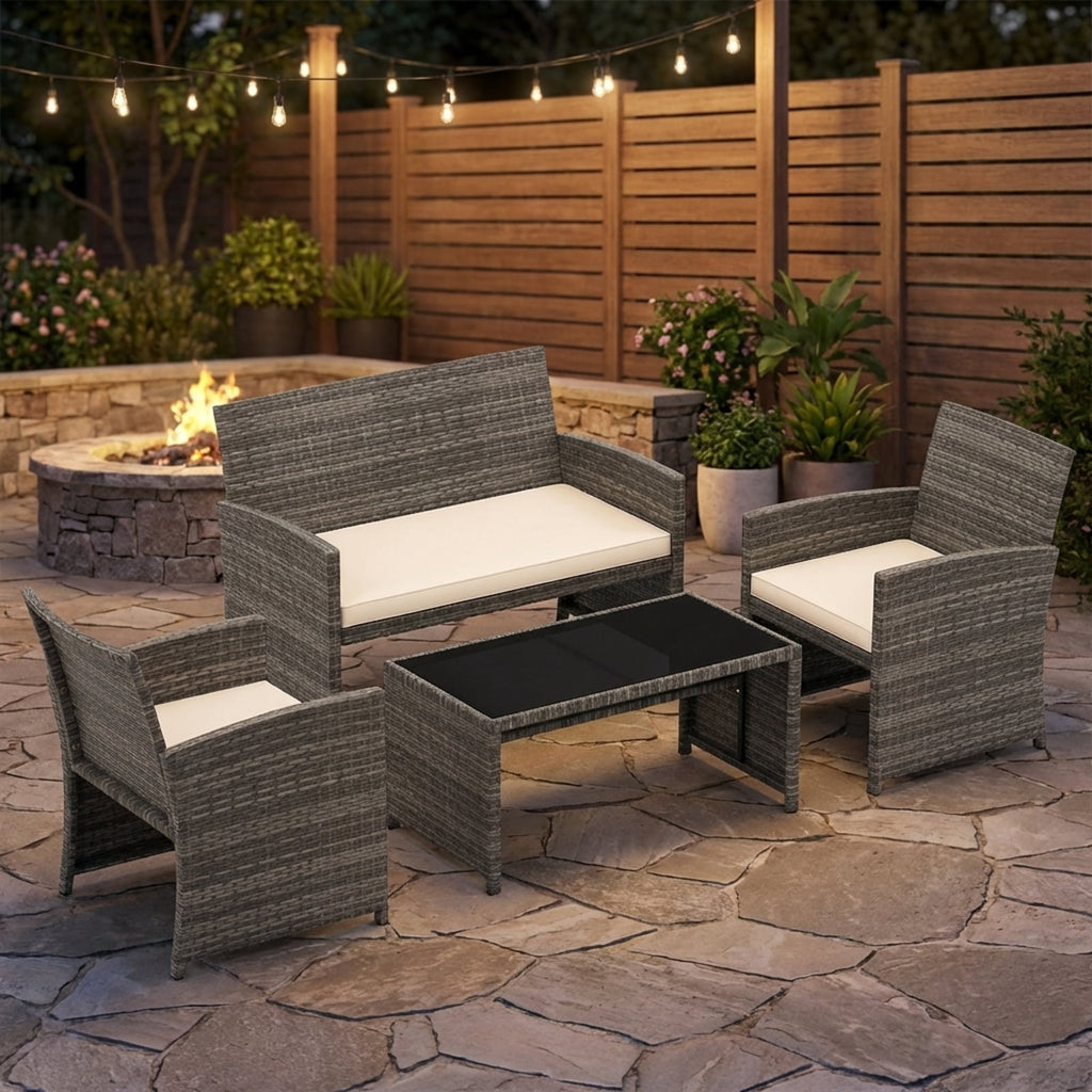Biotree 4-Piece Patio Rattan Loveseat and Table Set-Off White
