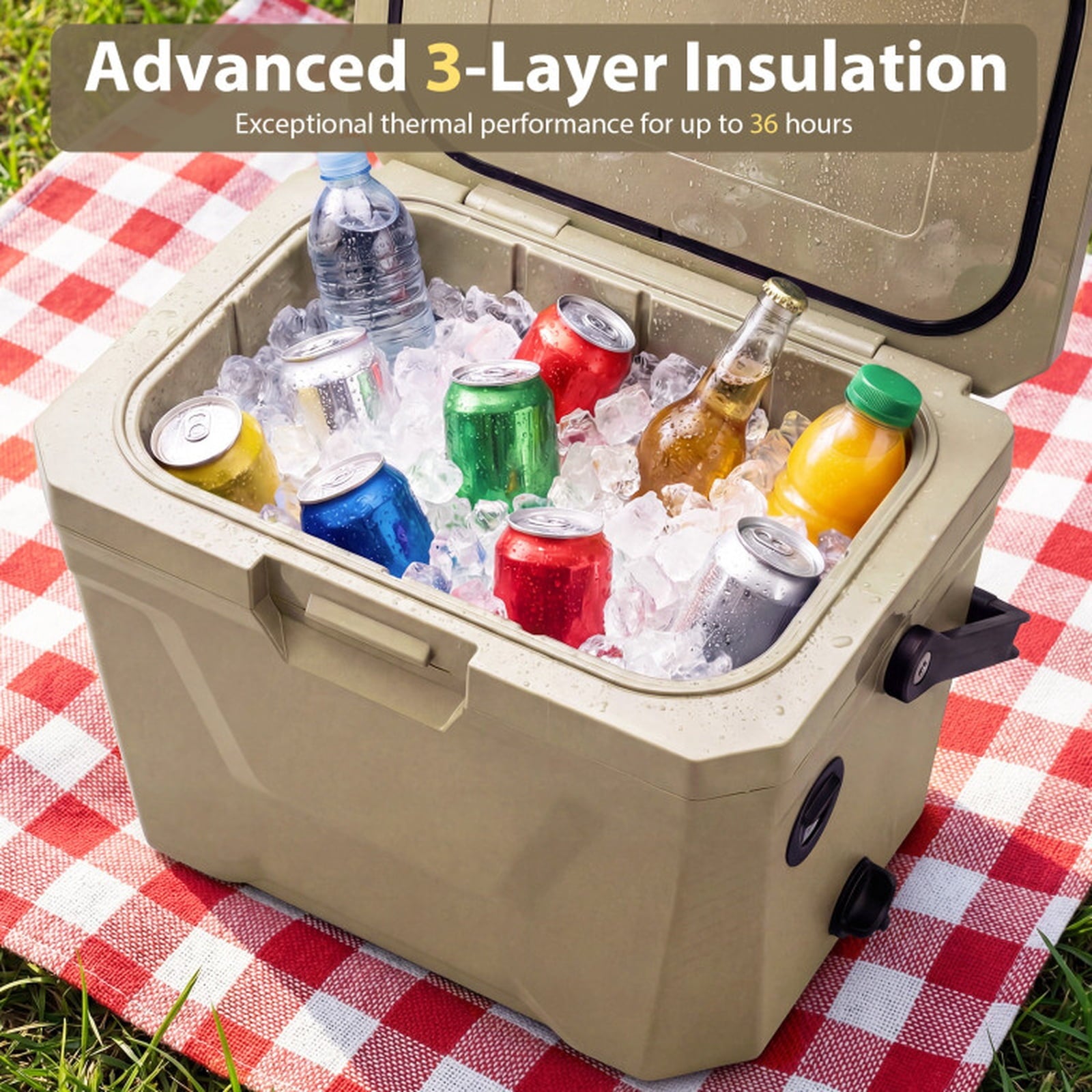 Biotree 21 Qt Insulated Portable Cooler Hard Shell Ice Chest with 2 Cup Holders, Off-White