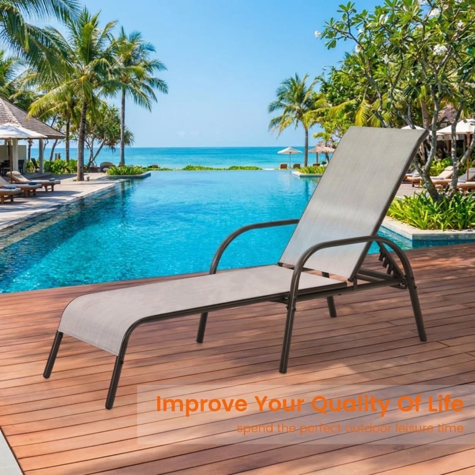 Biotree Adjustable Patio Chaise Folding Lounge Chair with Backrest Stackable Patio Chair for Garden BackyardGray