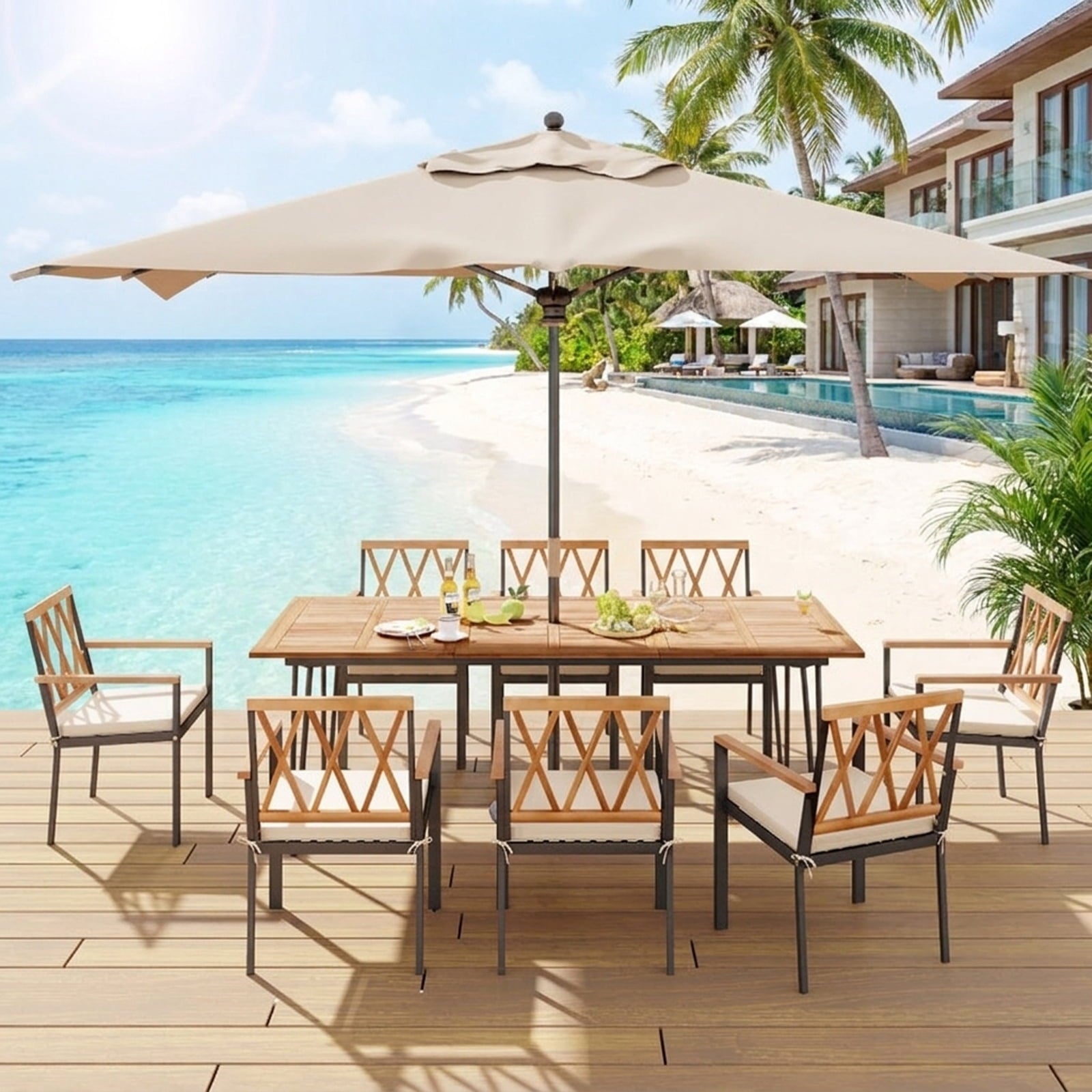Biotree 86.5 Inch Rectangular Patio Dining Table for 8 with Acacia Wood Tabletop and Umbrella Hole-86.5 inches, Natural