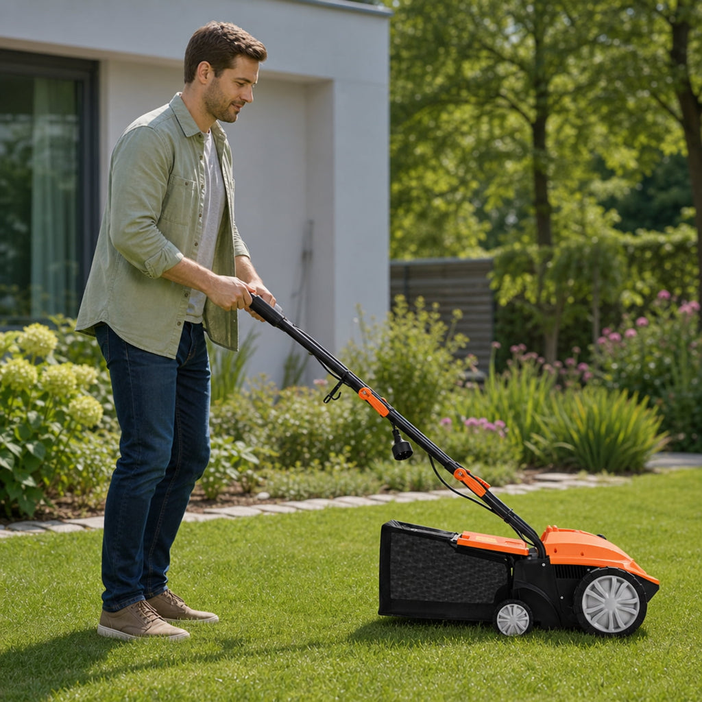 Biotree 13" 12 Amp Electric Lawn Scarifier Dethatcher, Corded Lawn Rake with 3-Position Depth Adjustment, Removable Blades and 40L Collection Bag for Grass Renovation and Yard Care Orange