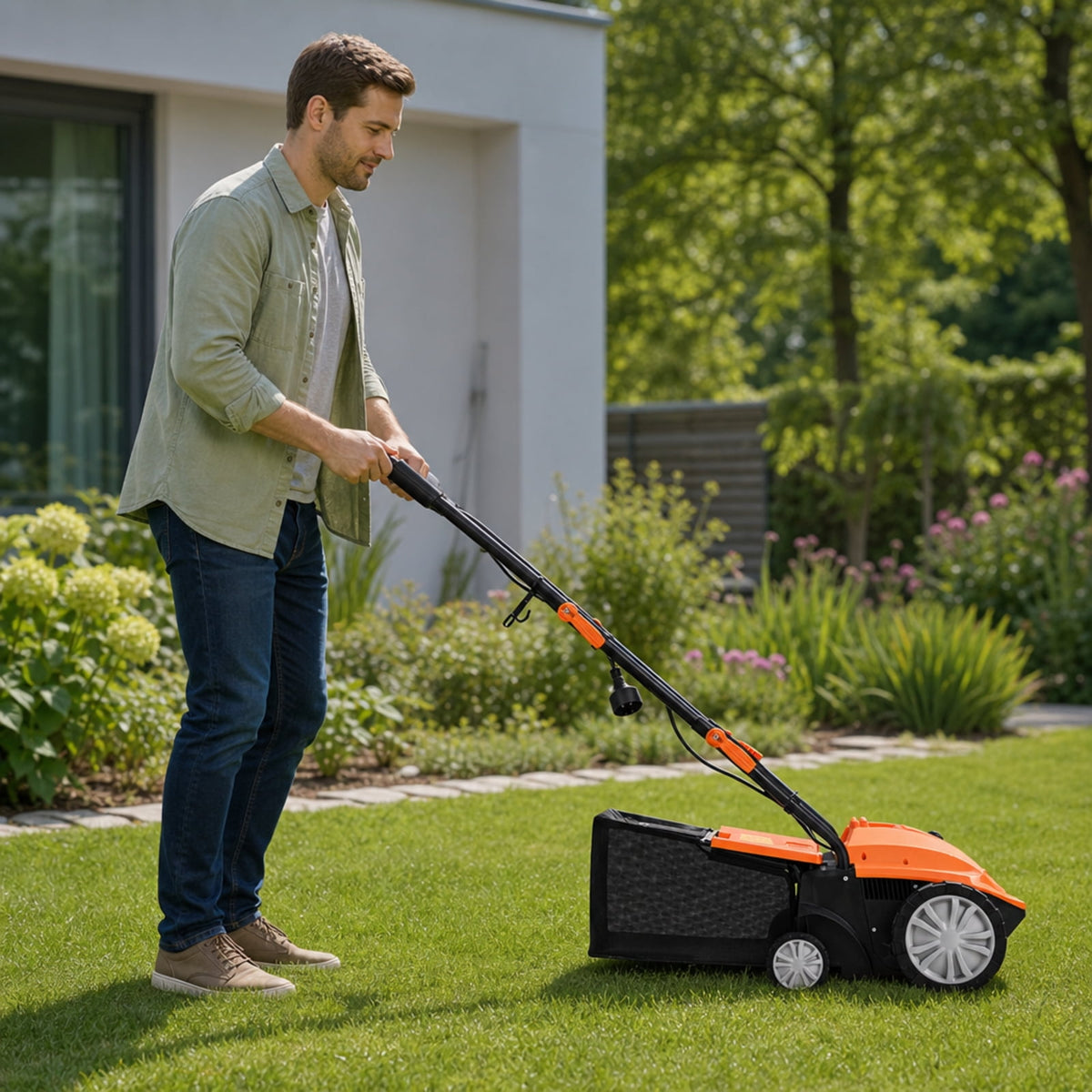 Biotree 13" 12 Amp Electric Lawn Scarifier Dethatcher, Corded Lawn Rake with 3-Position Depth Adjustment, Removable Blades and 40L Collection Bag for Grass Renovation and Yard Care Orange